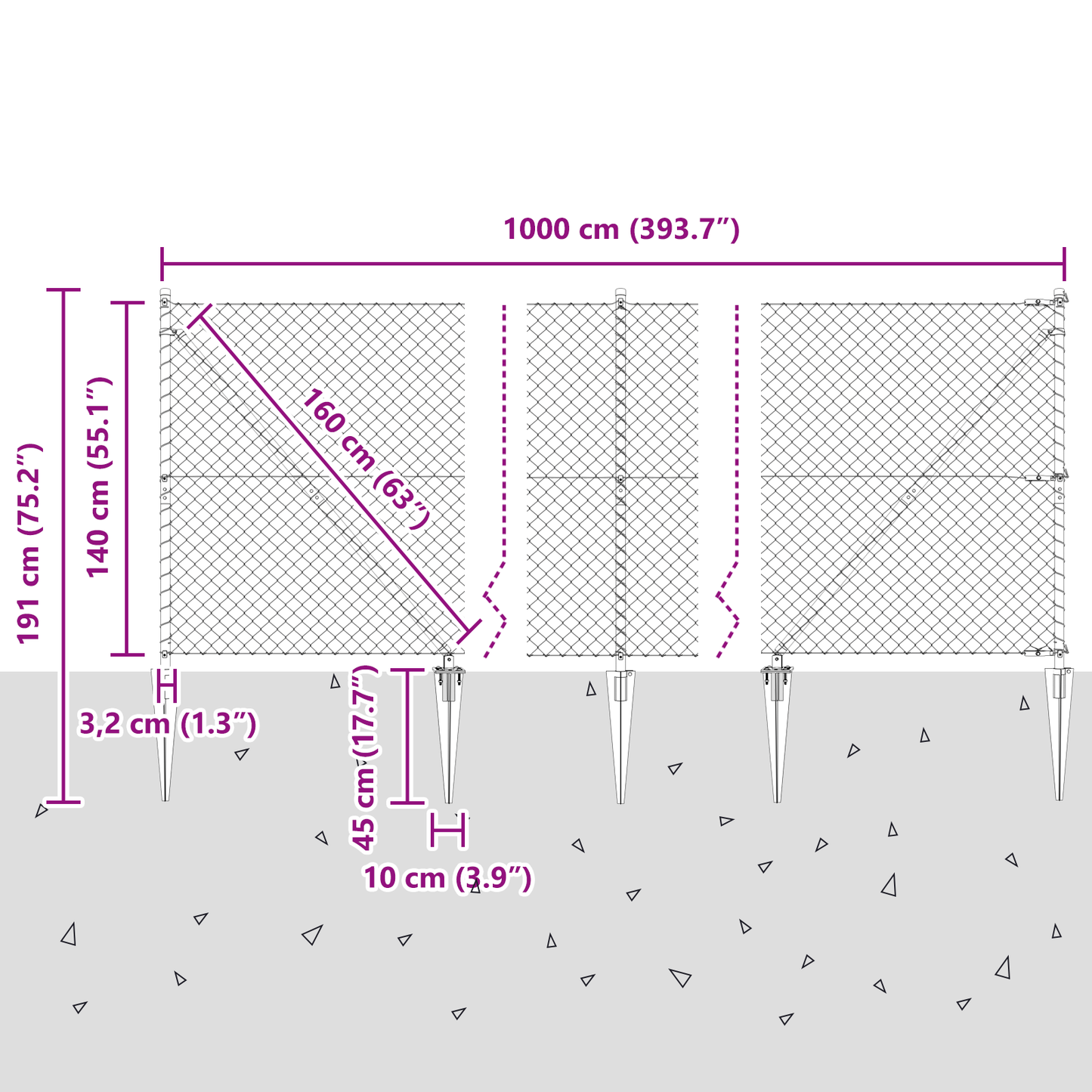 Kjedefence med topper 10 x 1,4 m Galvanisert stål Sølv Mesh