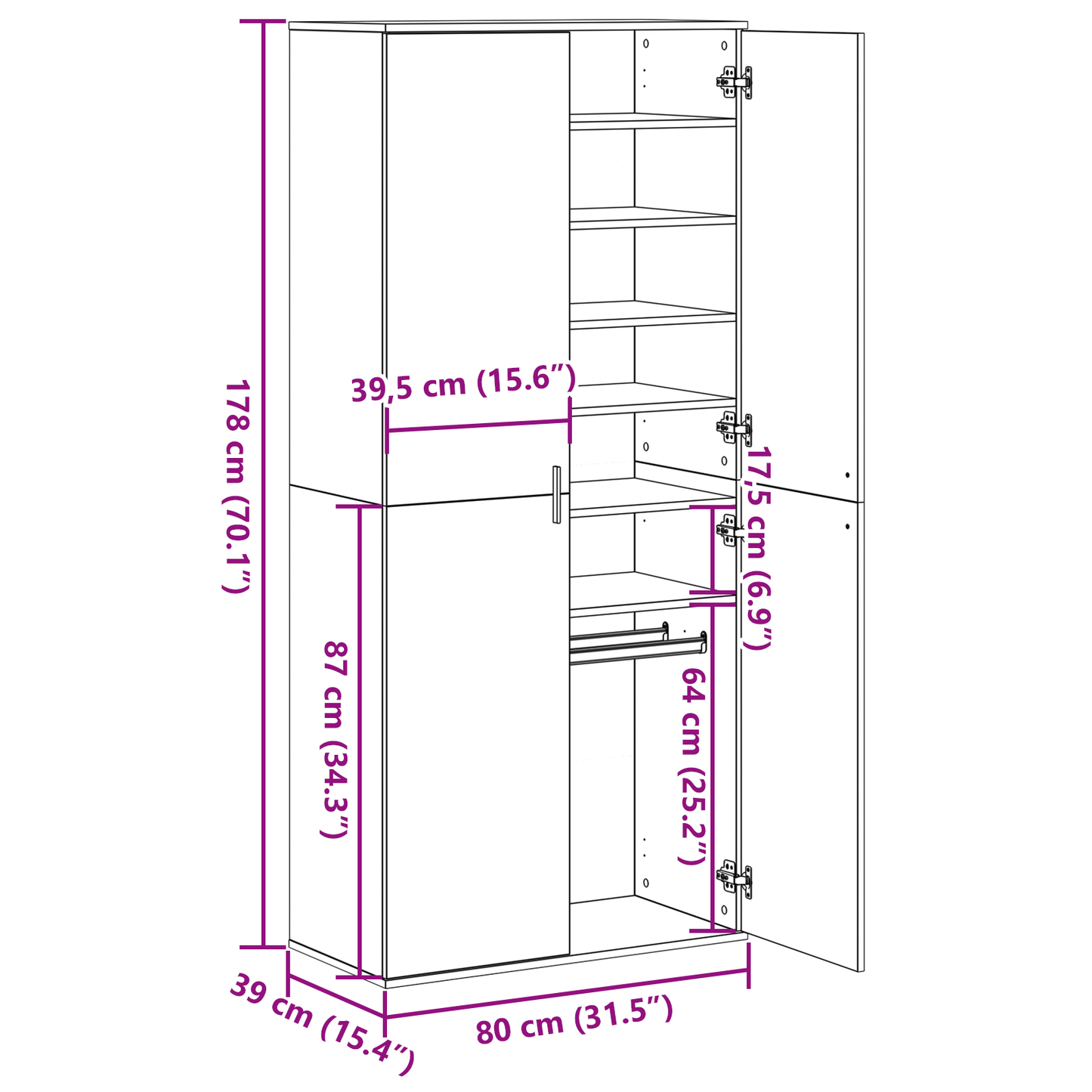 Highboard med hylle Svart eik 80 x 39 x 178 cm Konstruert tre