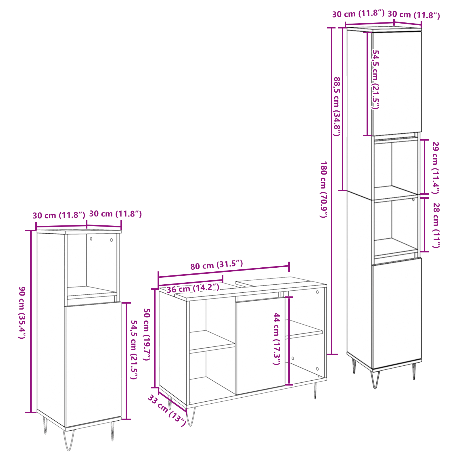 Møbelsett for bad med lagring 3 pcs Gamle tre 30 x 30 x 180 cm