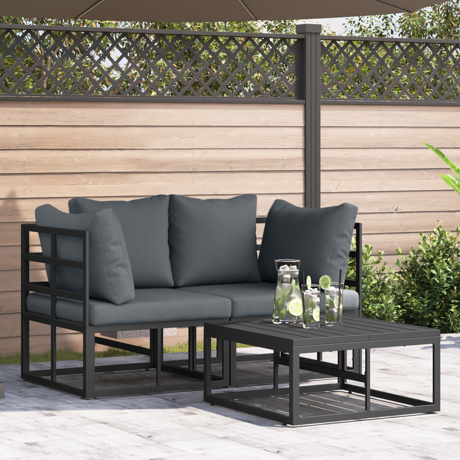 Hagesofa Set med pute 3 pcs Svart Aluminium