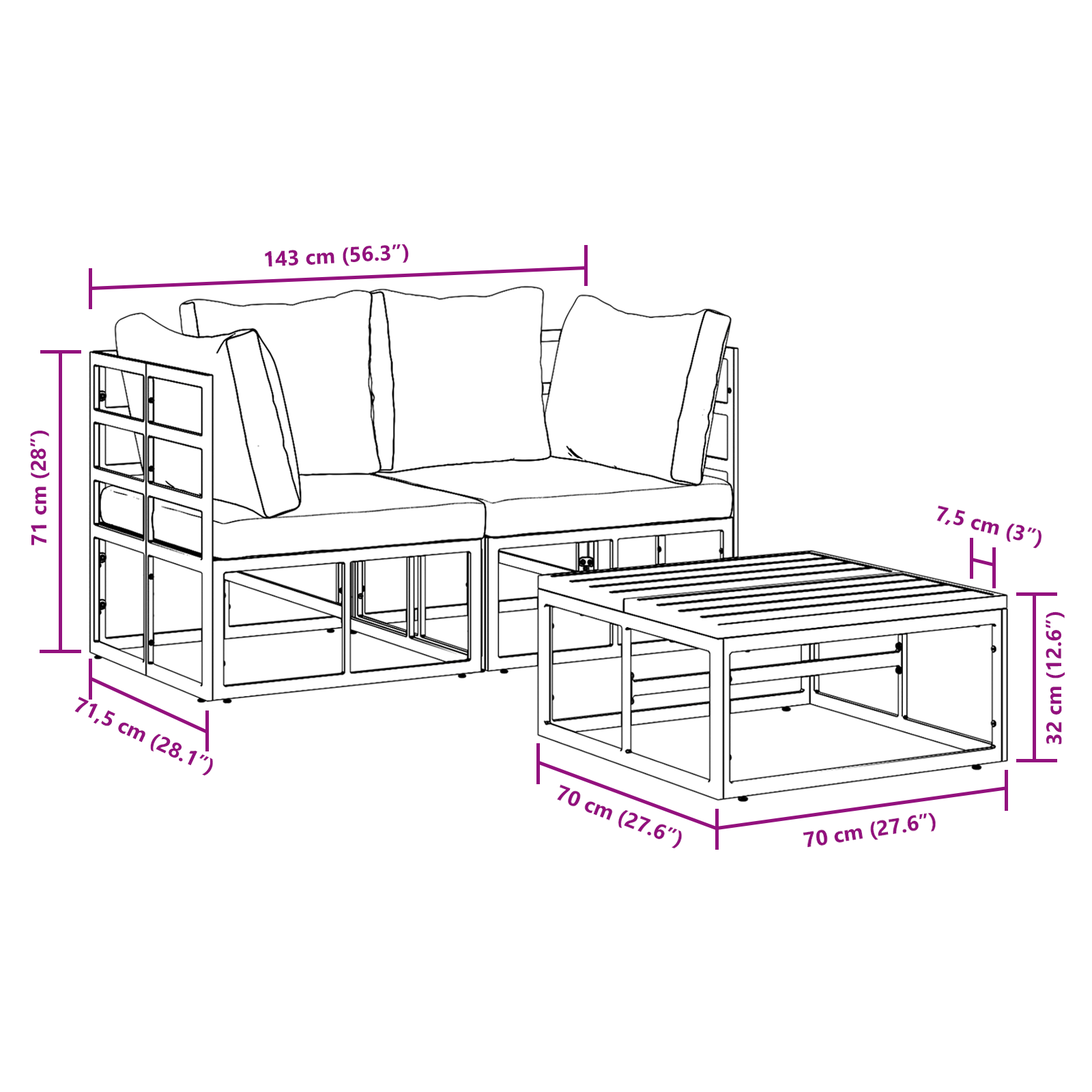 Hagesofa Set med pute 3 pcs Svart Aluminium
