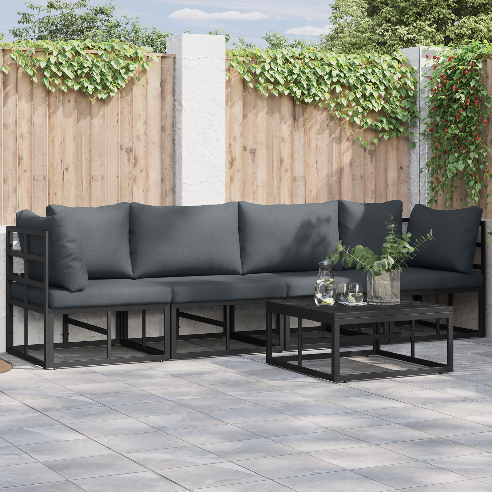 Hagesofa Set med pute 4 pcs Svart Aluminium