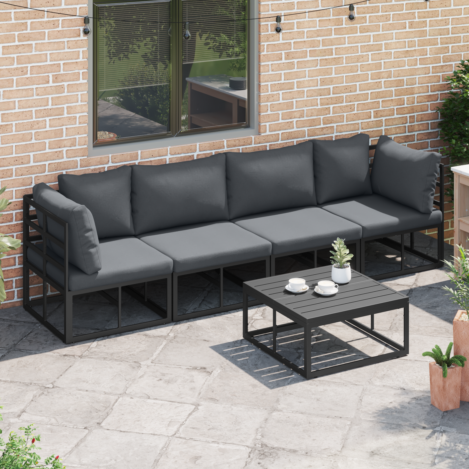 Hagesofa Set med pute 4 pcs Svart Aluminium