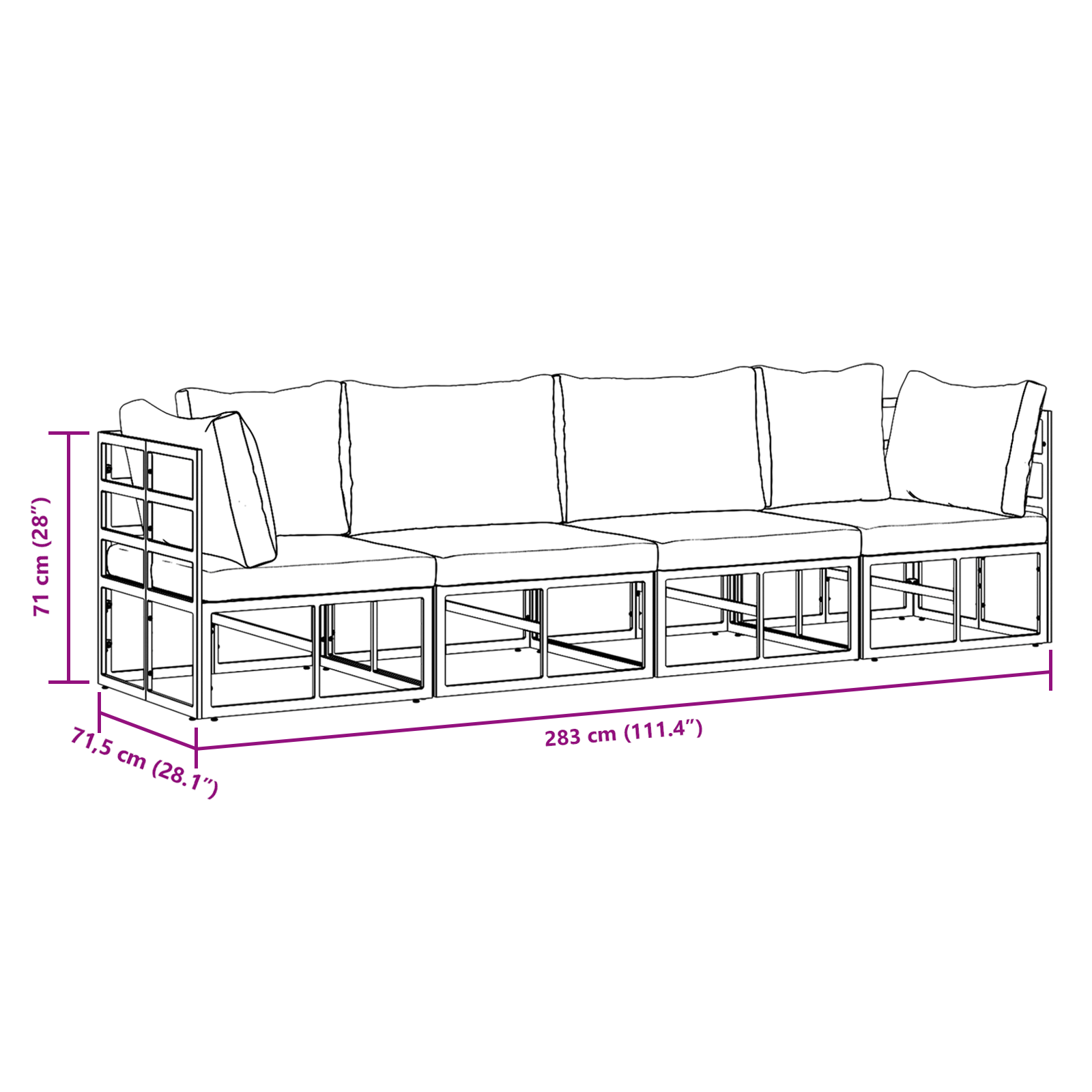 Hagesofa Set med pute 4 pcs Svart Aluminium