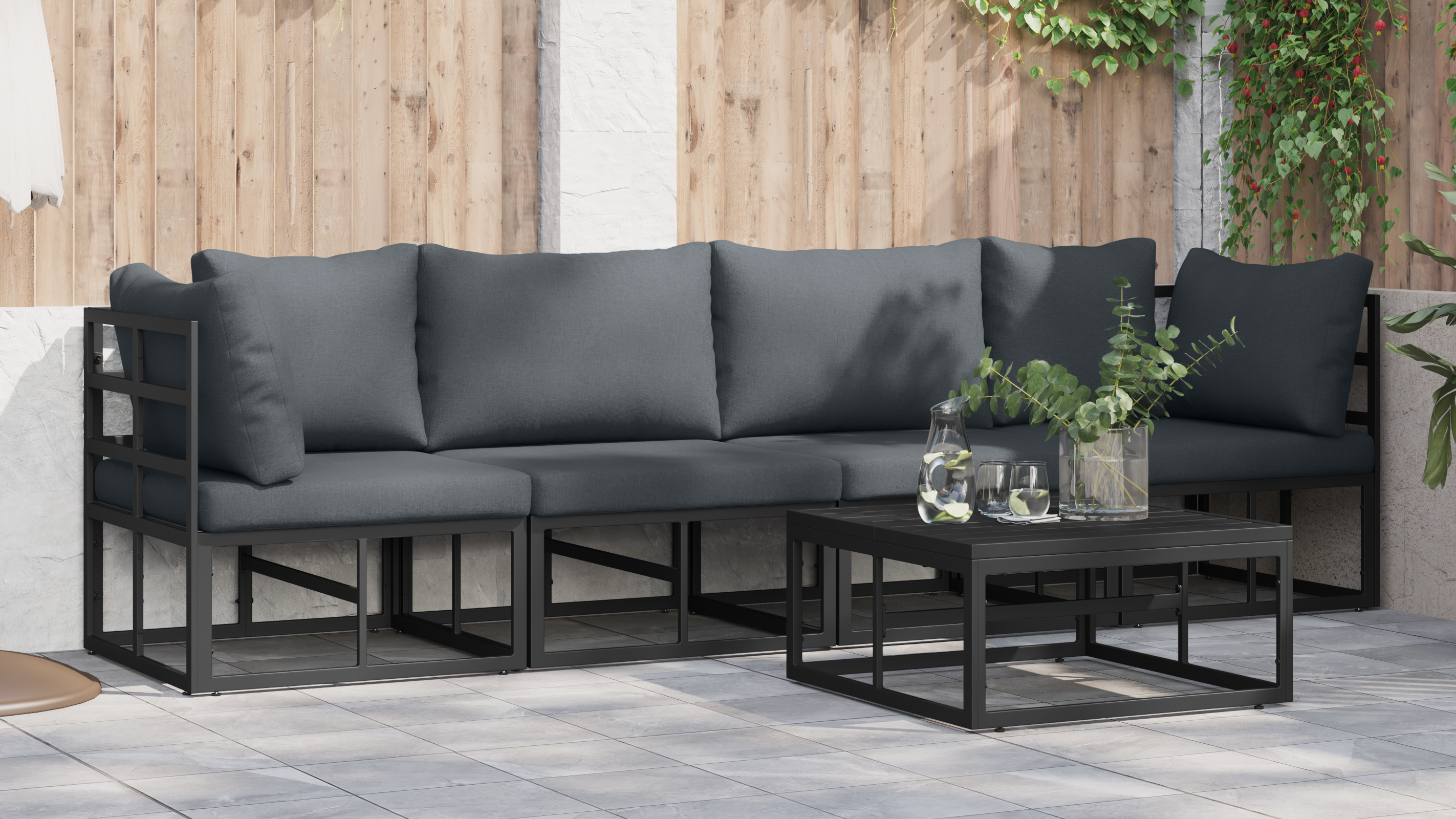 Hagesofa Set med pute 5 pcs Svart Aluminium