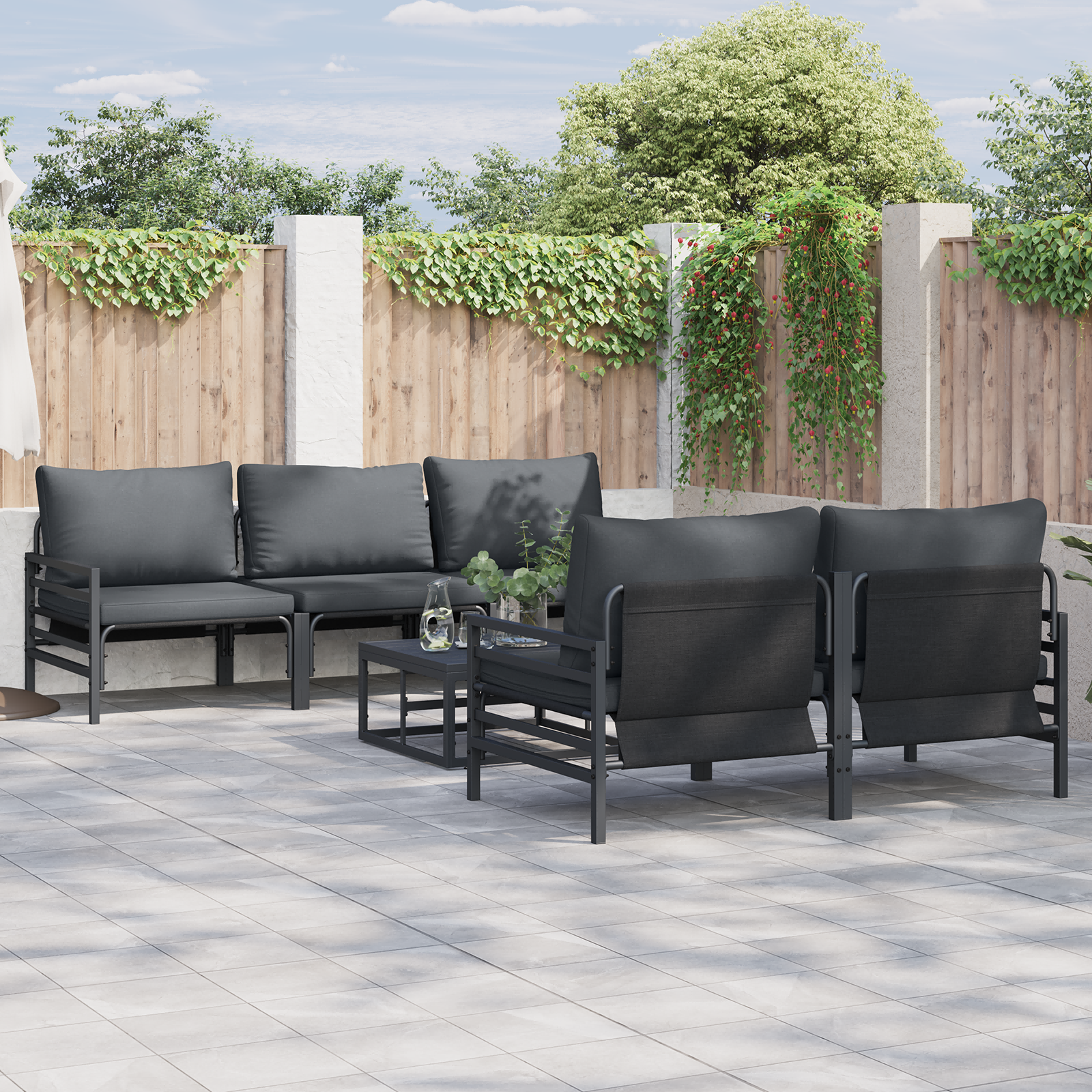 Hagesofa Set med pute 6 pcs Antrasitt Stål & stoff