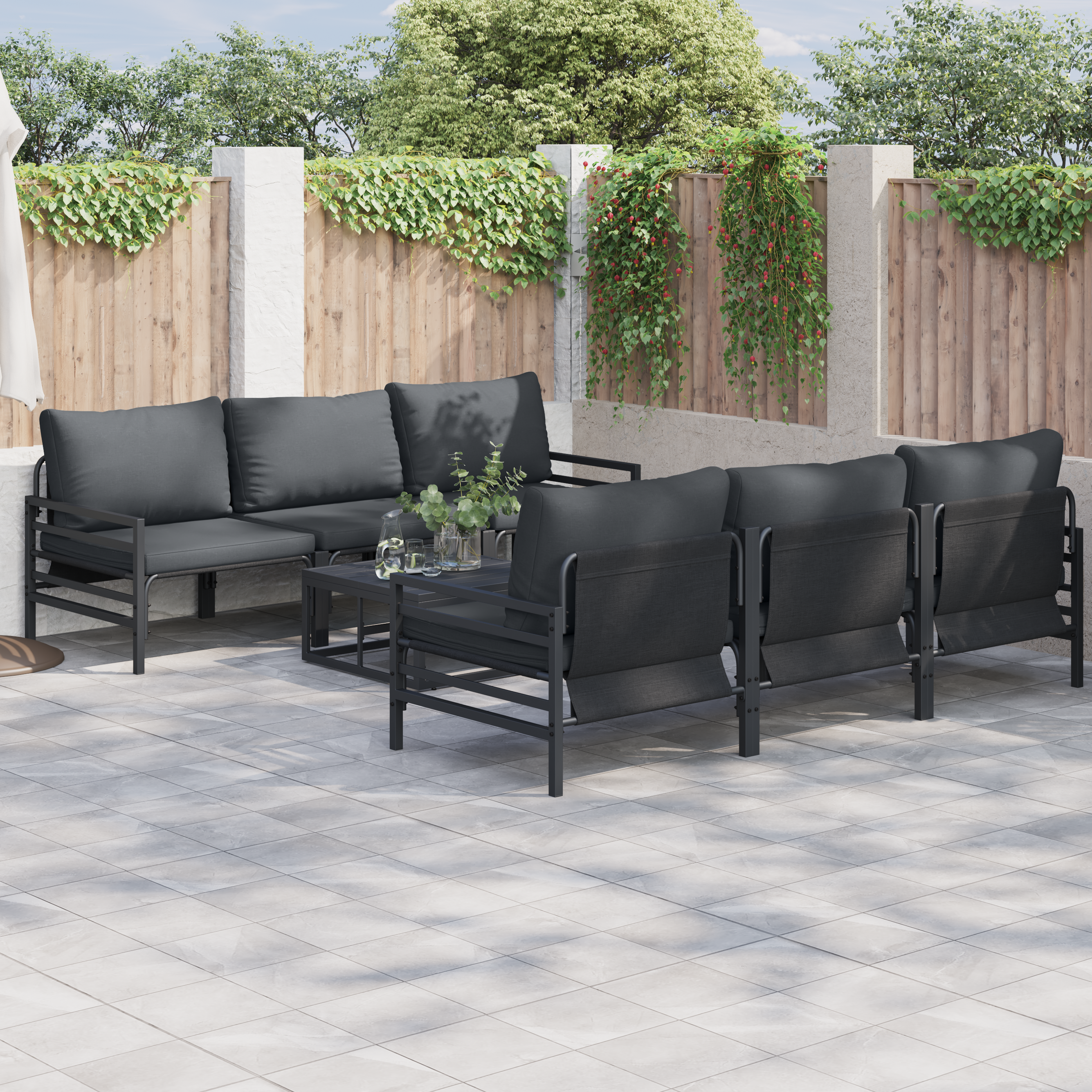 Hagesofa Set med pute 7 pcs Antrasittgrå Stål & Stoff