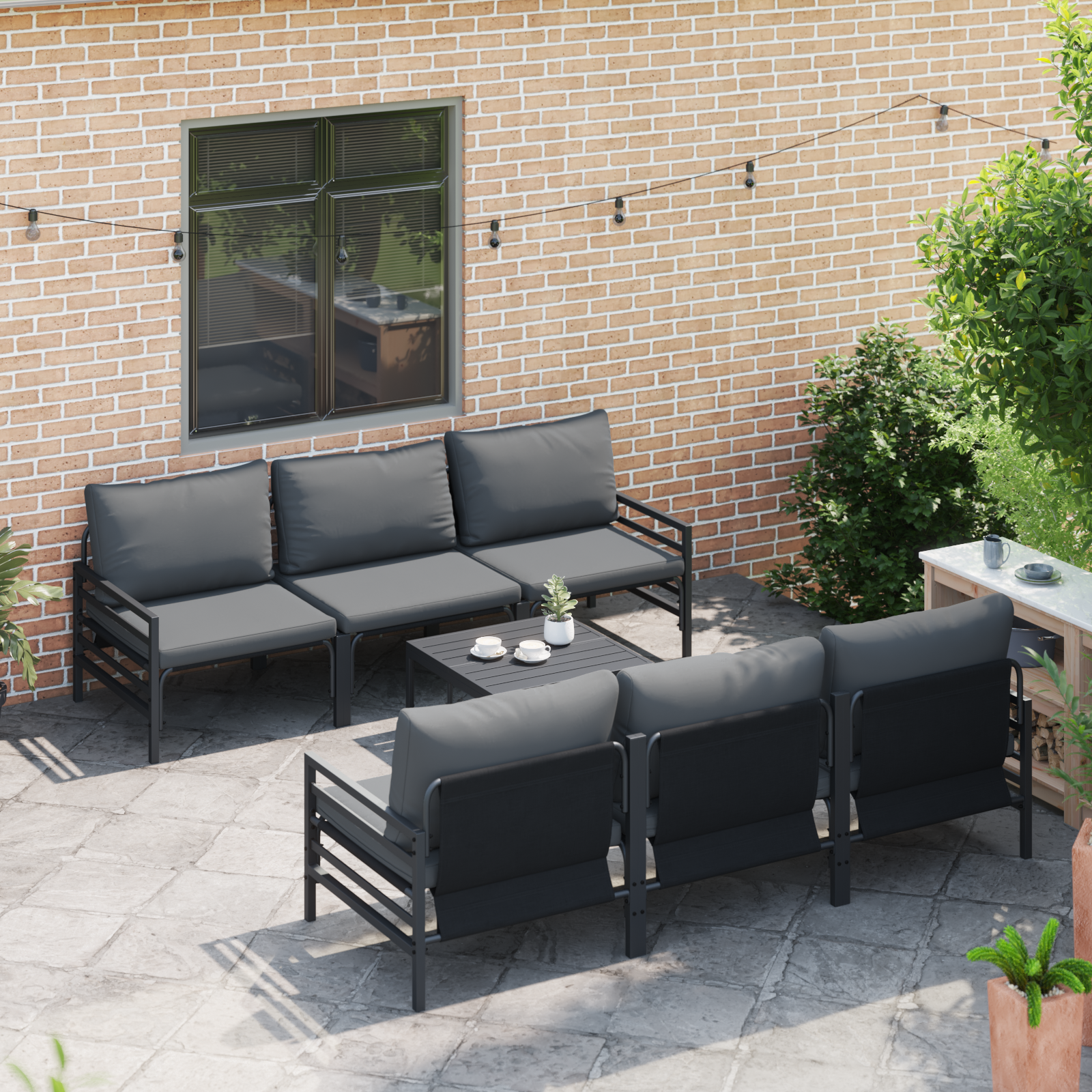 Hagesofa Set med pute 7 pcs Antrasittgrå Stål & Stoff