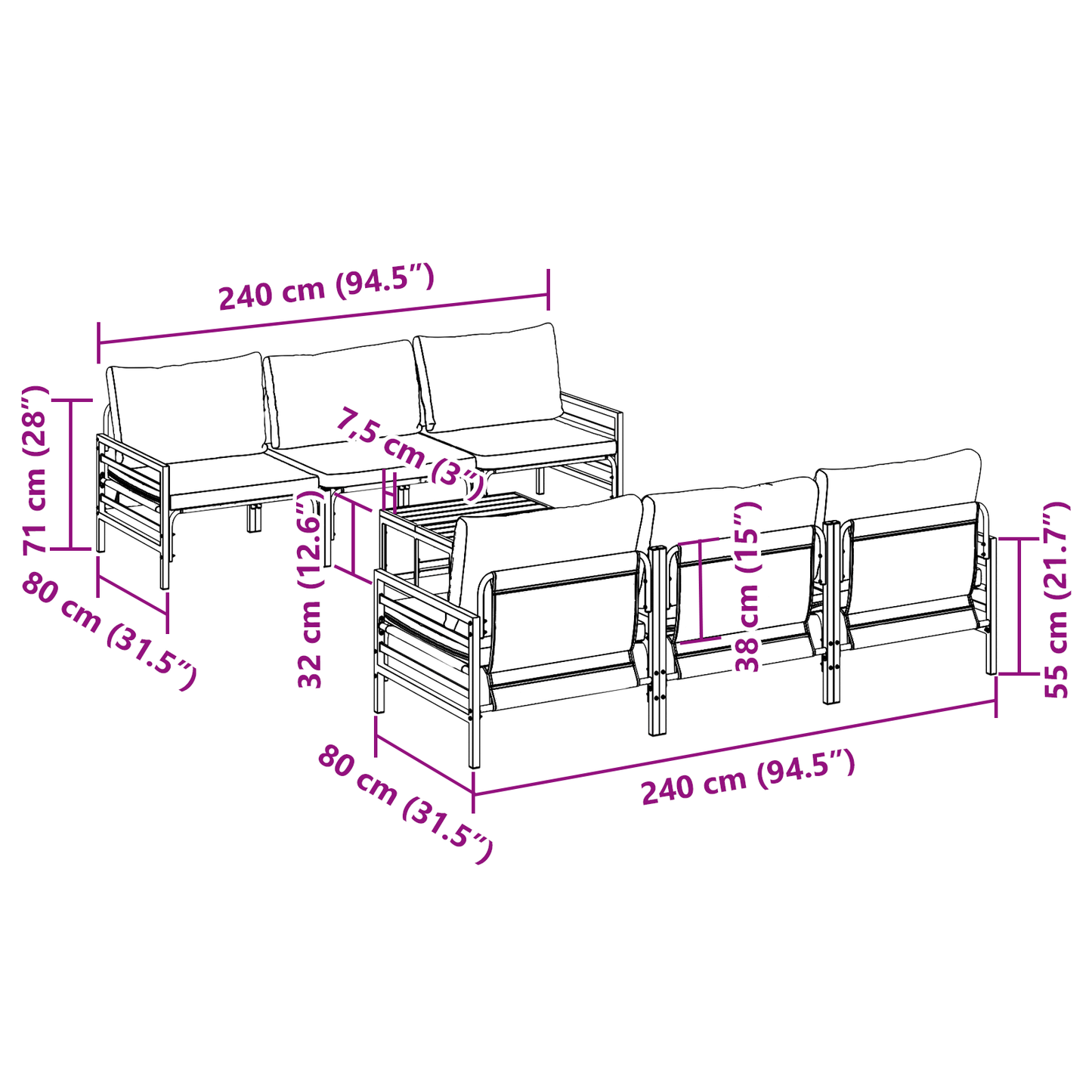 Hagesofa Set med pute 7 pcs Svart Stål