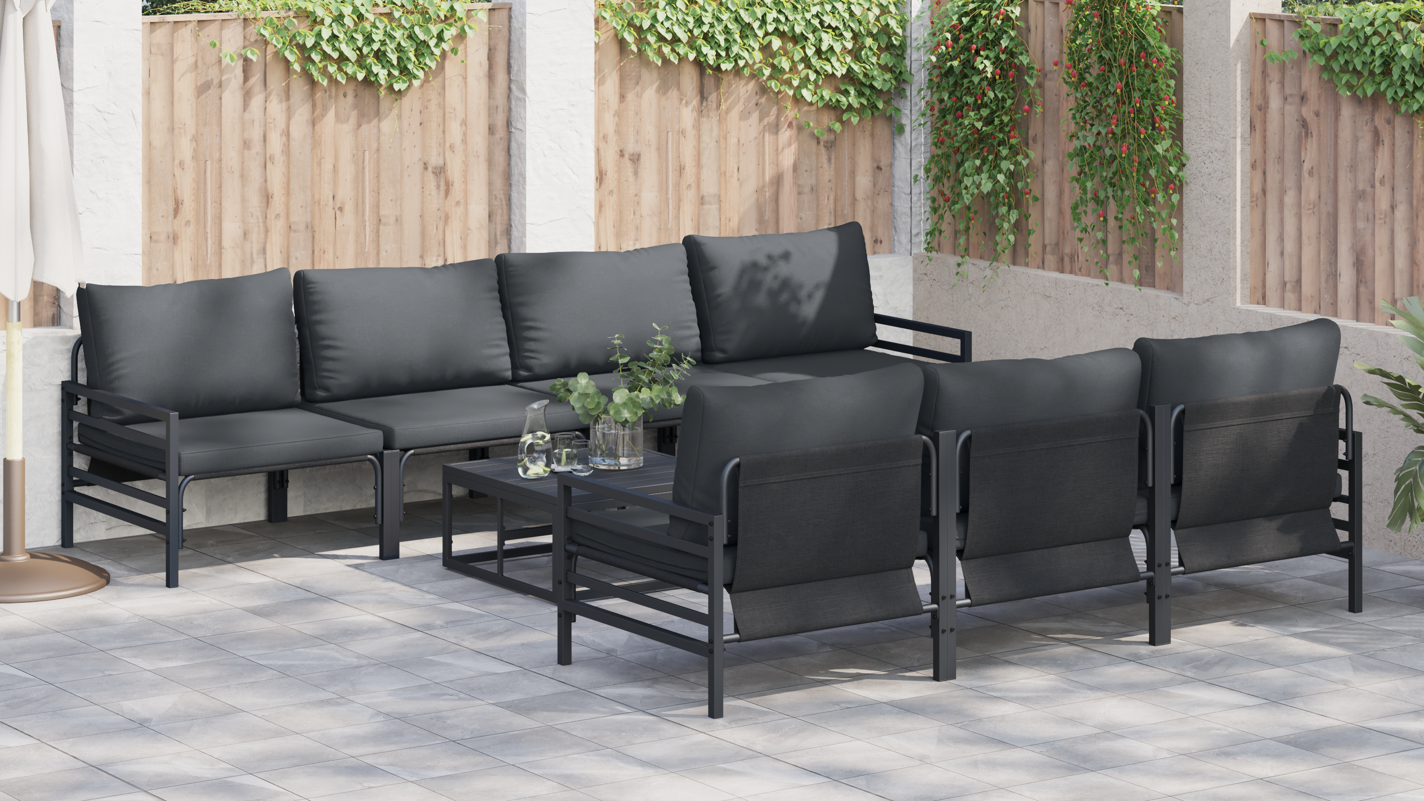 Hagesofa Set med pute 8 pcs Antrasittgrå Stål & Stoff