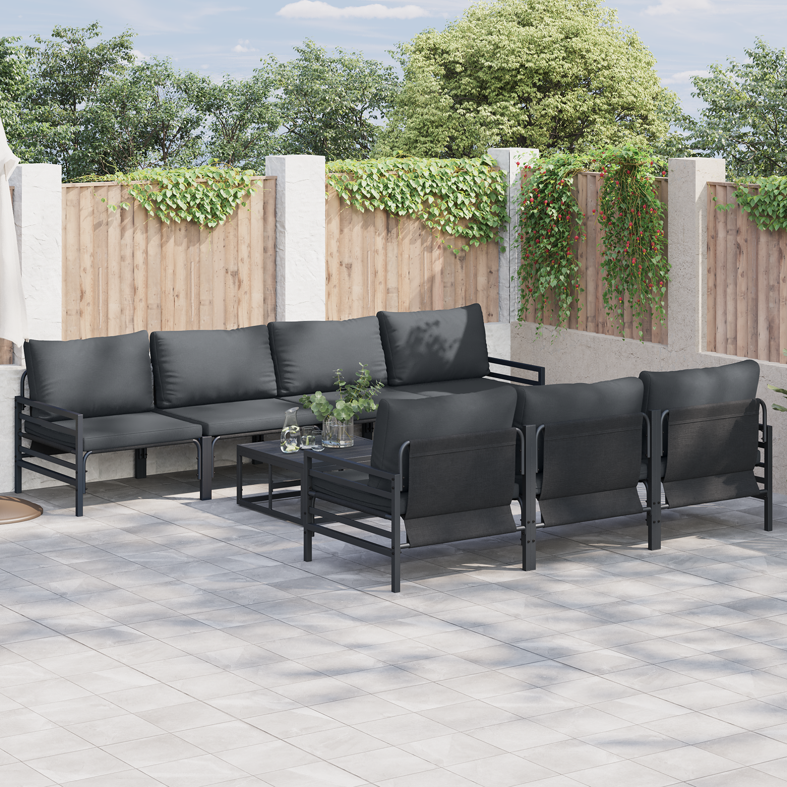 Hagesofa Set med pute 8 pcs Antrasittgrå Stål & Stoff
