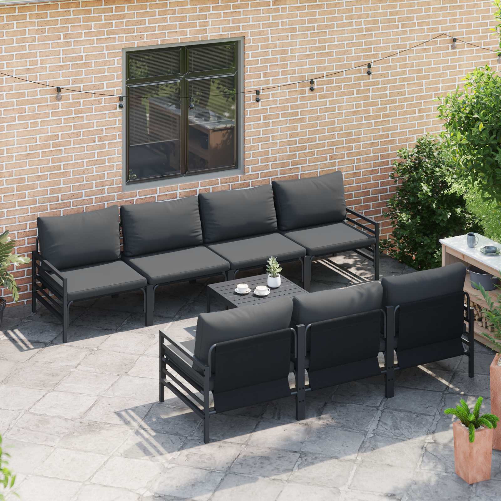 Hagesofa Set med pute 8 pcs Antrasittgrå Stål & Stoff