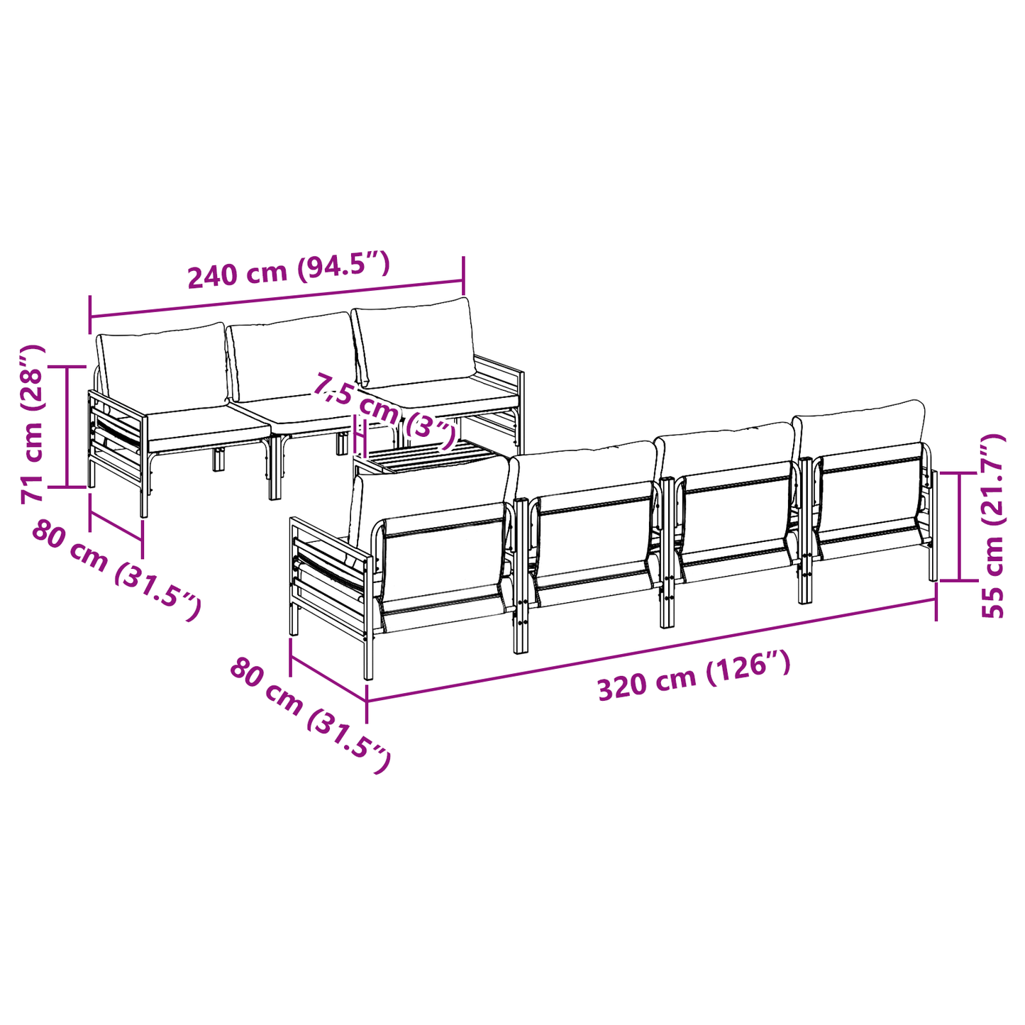 Hagesofa Set med pute 8 pcs Svart Stål