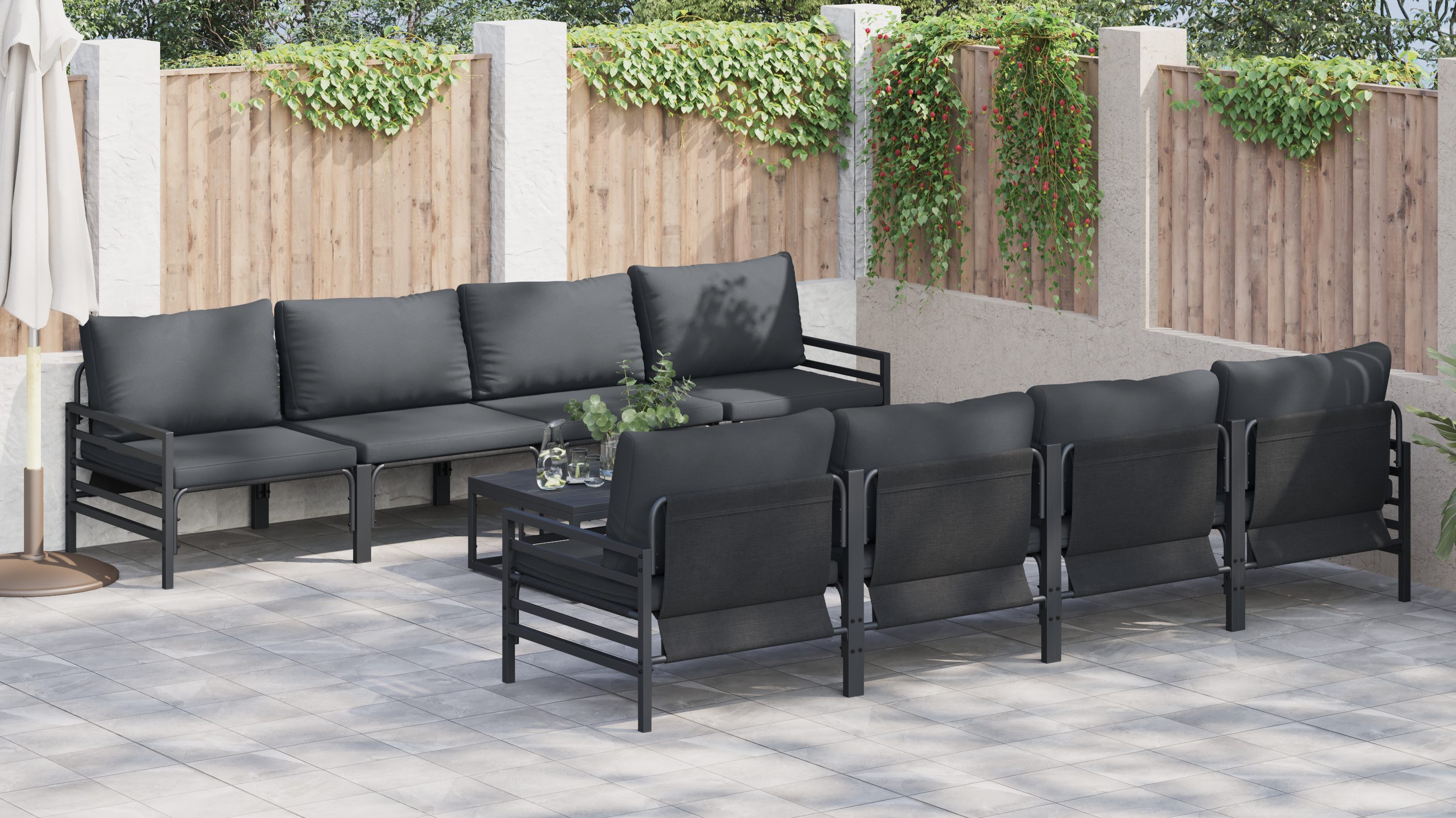 Hagesofa Set med pute 9 pcs Antrasitt Stål & stoff