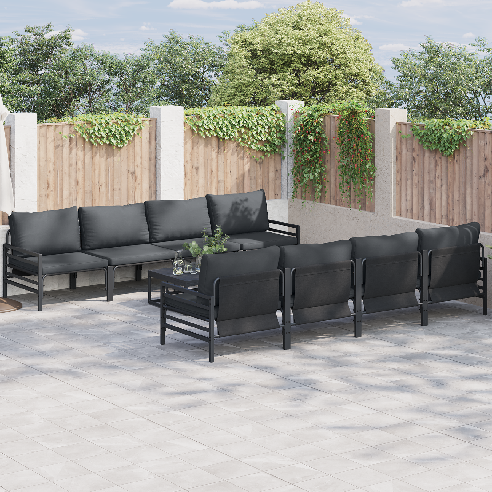 Hagesofa Set med pute 9 pcs Antrasitt Stål & stoff