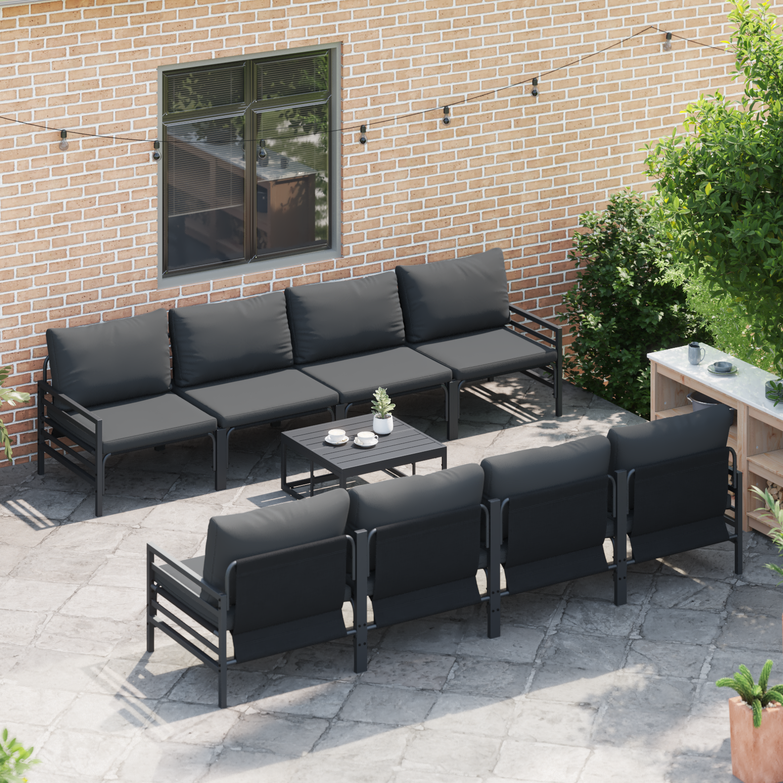 Hagesofa Set med pute 9 pcs Antrasitt Stål & stoff