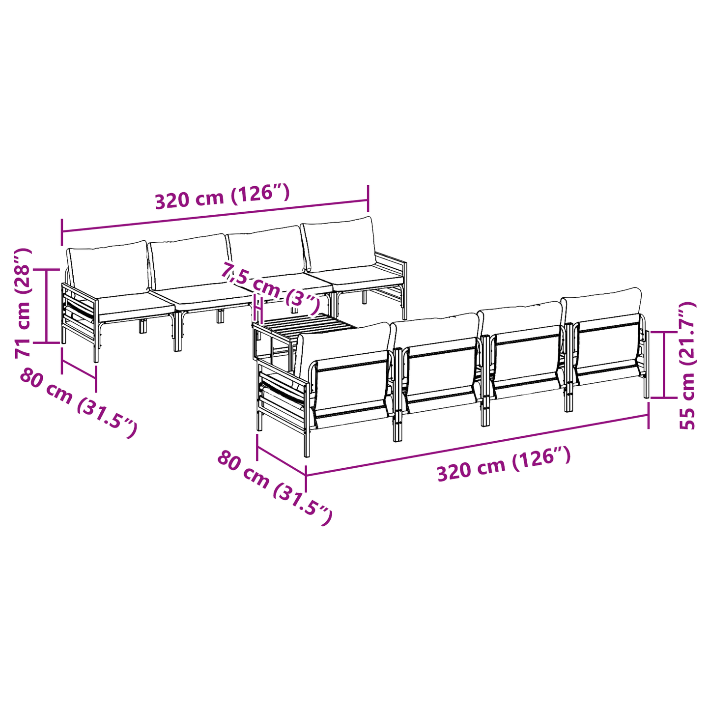 Hagesofa Set med pute 9 pcs Svart Stål