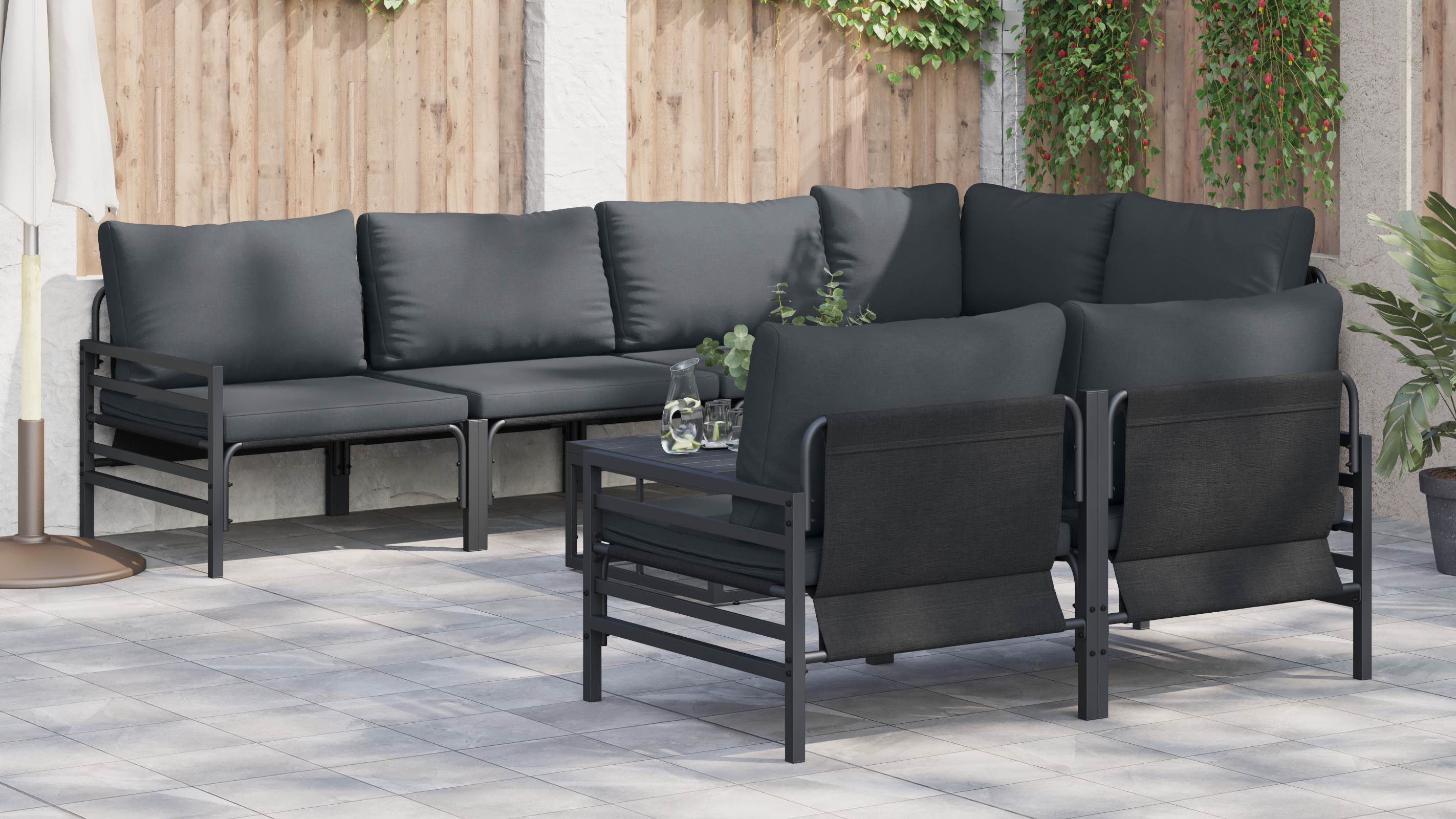 Hagesofa Set med pute 7 pcs Antrasitt Stål & stoff