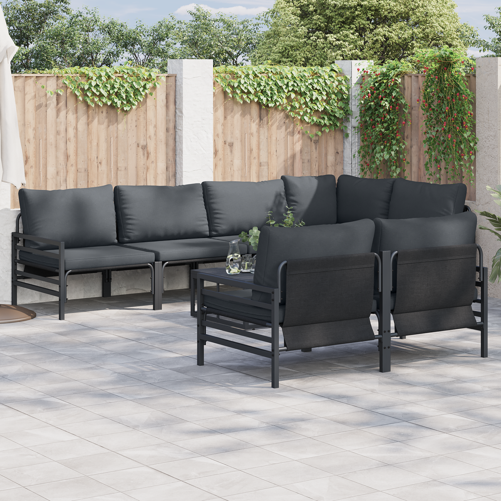 Hagesofa Set med pute 7 pcs Antrasitt Stål & stoff