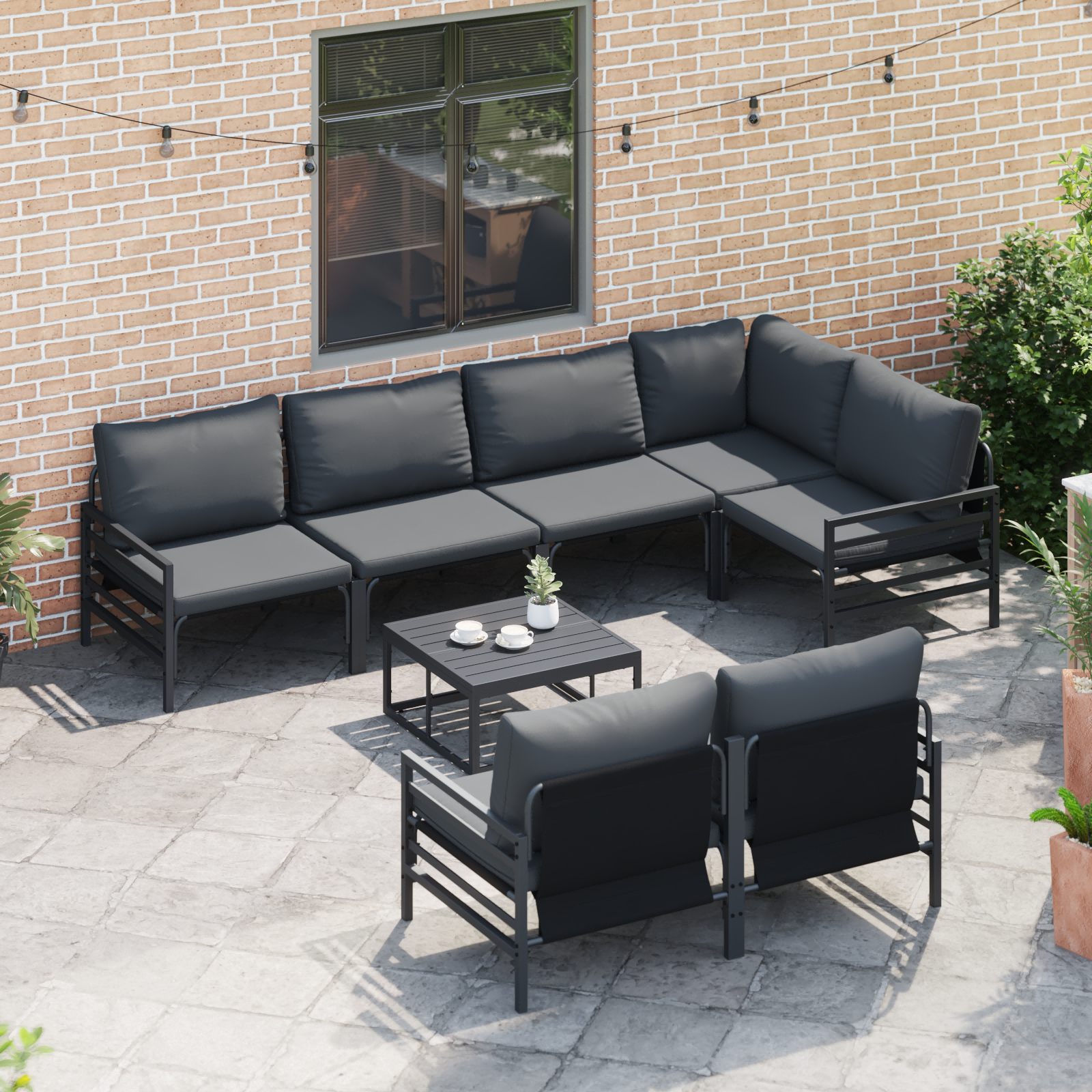 Hagesofa Set med pute 7 pcs Antrasitt Stål & stoff