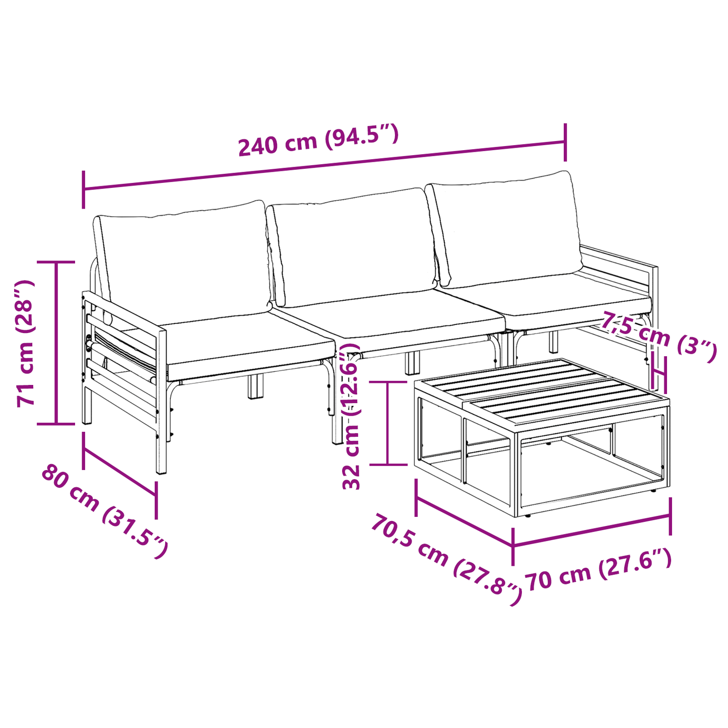 Hagesofa Set med pute 4 pcs Svart Stål