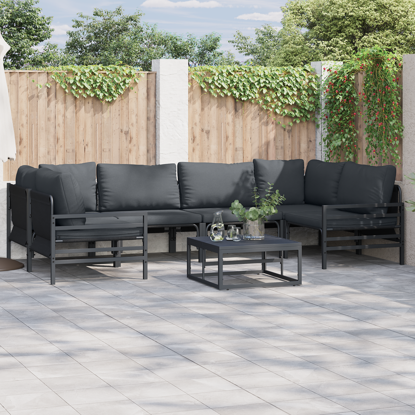 Hagesofa Set med pute 6 pcs Svart Stål