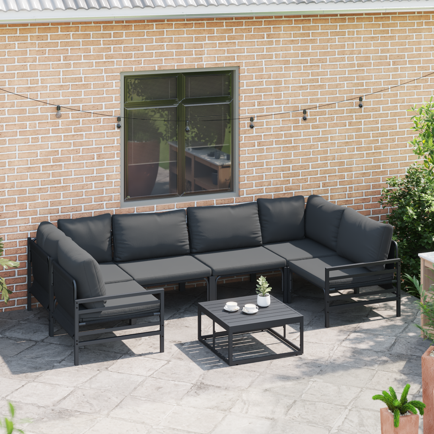 Hagesofa Set med pute 7 pcs Svart Stål