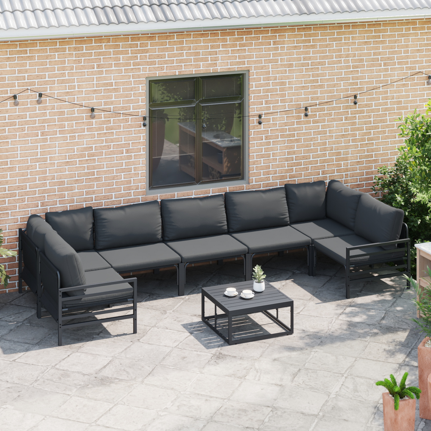 Hagesofa Set med pute 7 pcs Svart Stål