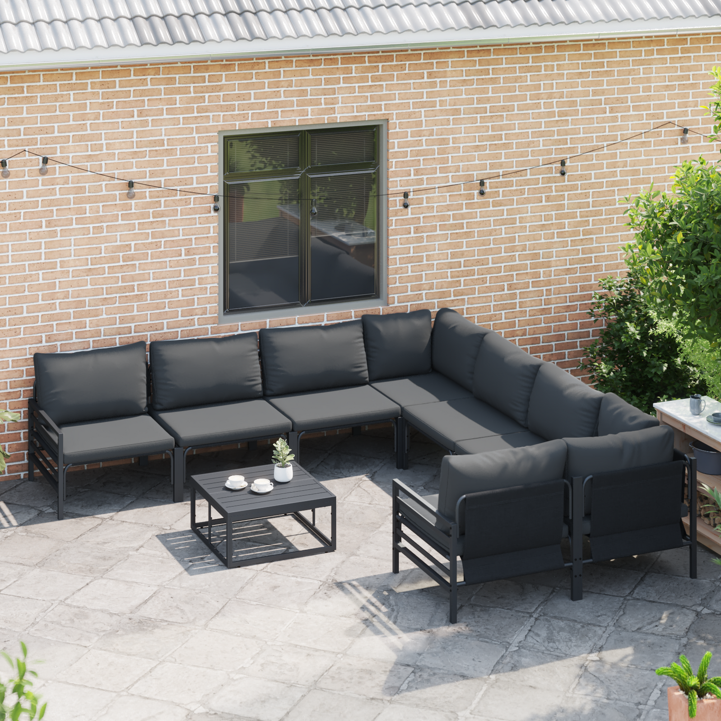 Hagesofa Set med pute 8 pcs Svart Stål