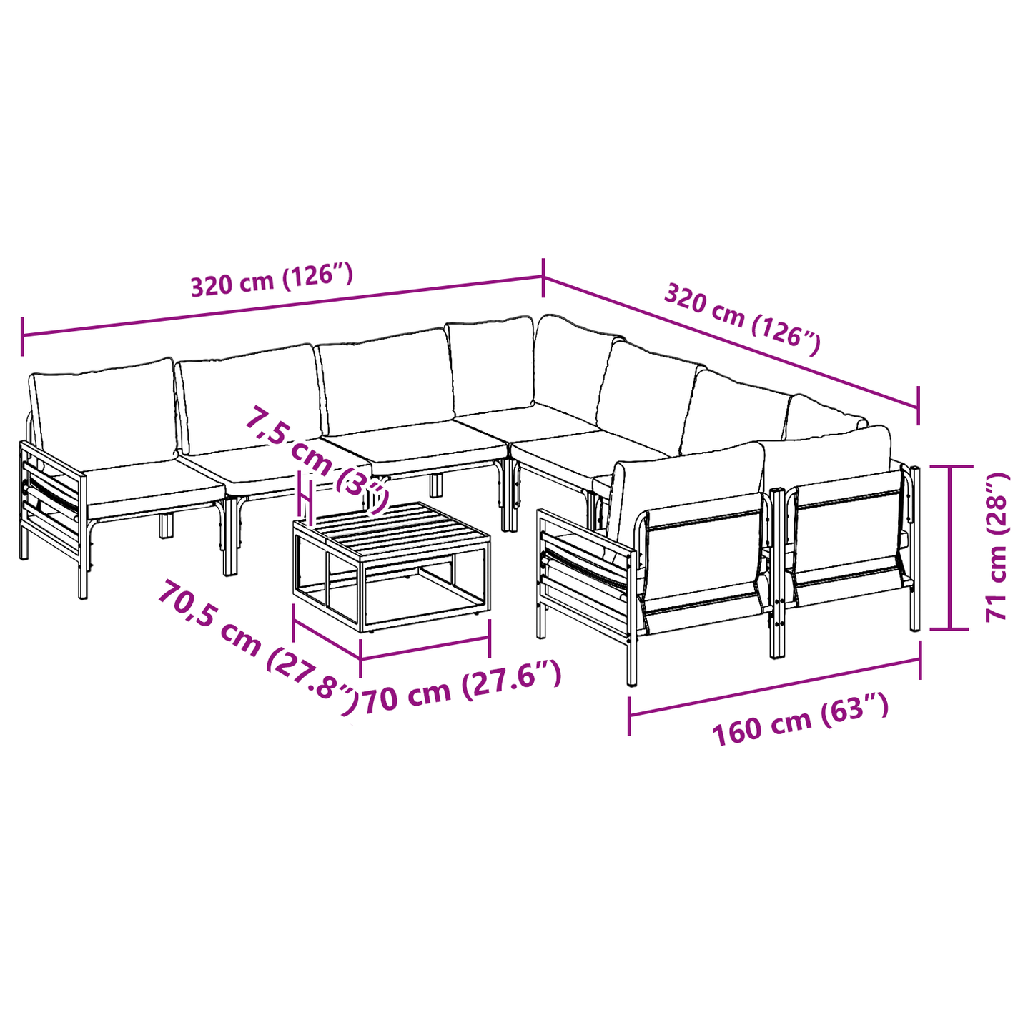 Hagesofa Set med pute 9 pcs Svart Stål