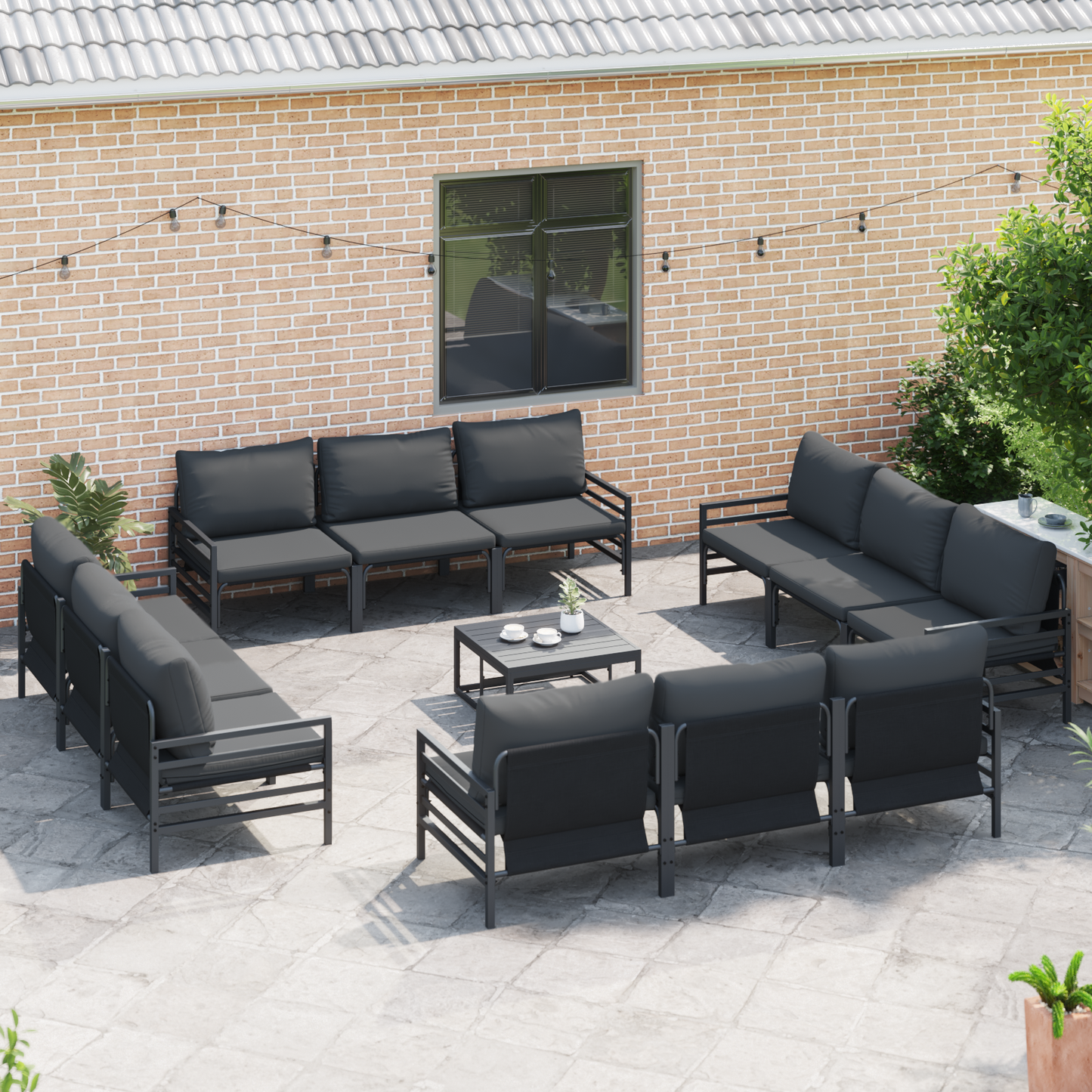 Hagesofa Set med pute 12 pcs Svart Stål