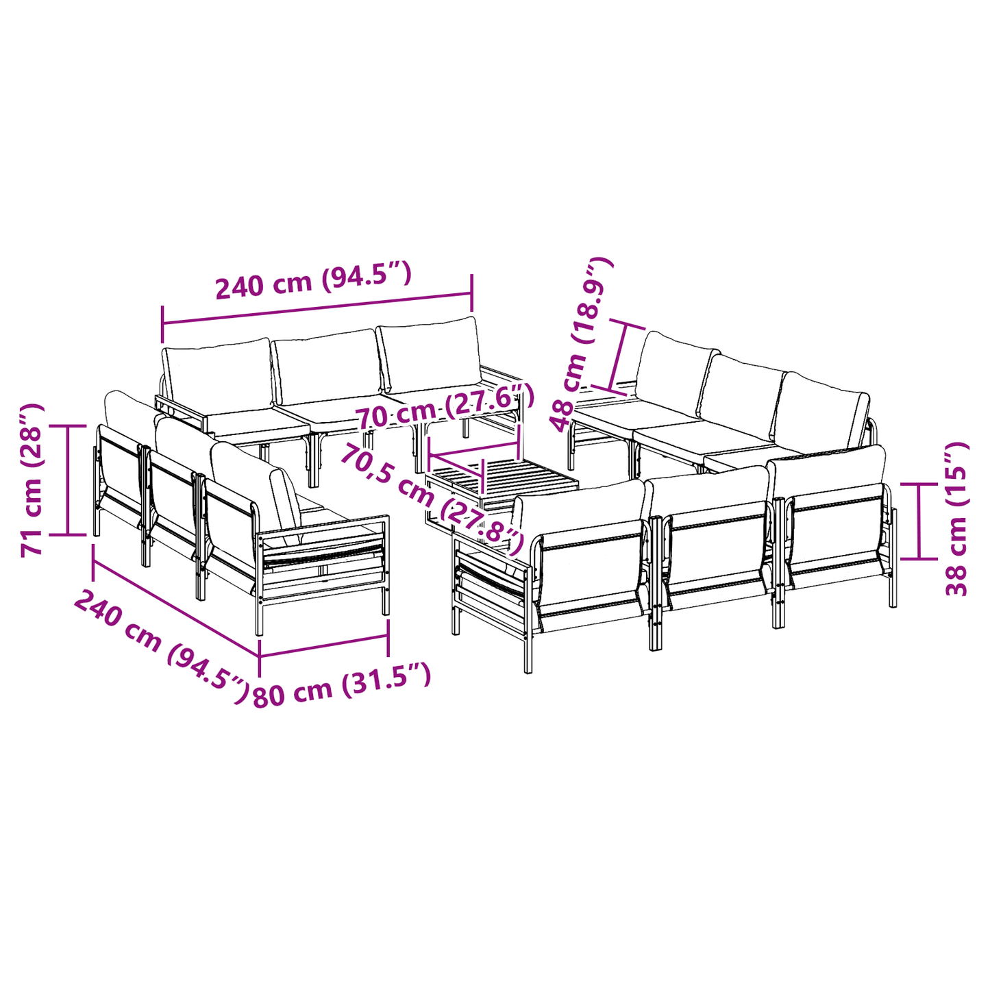 Hagesofa Set med pute 13 pcs Svart Stål