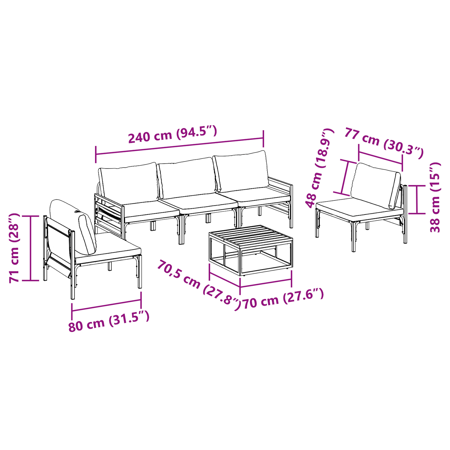 Hagesofa Set med pute 6 pcs Svart Stål
