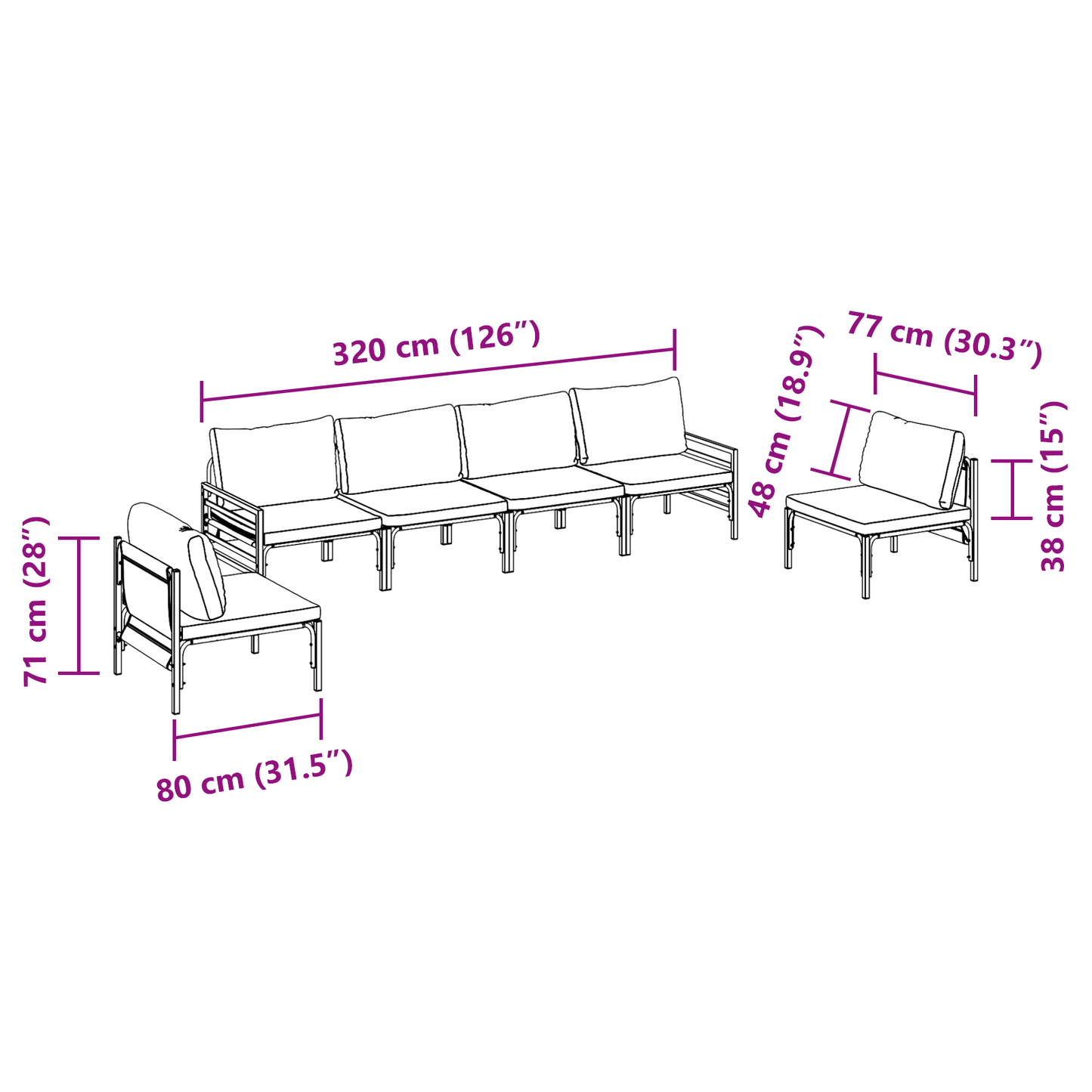 Hagesofa Set med pute 6 pcs Svart Stål