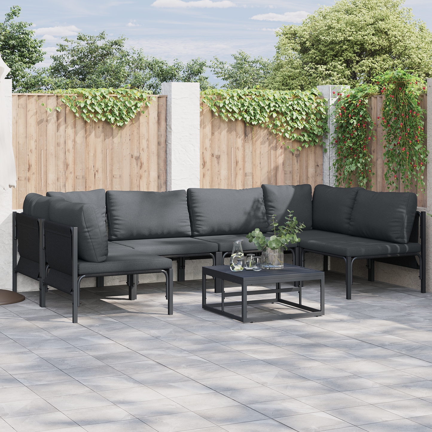 Hagesofa Set med pute 6 pcs Svart Stål