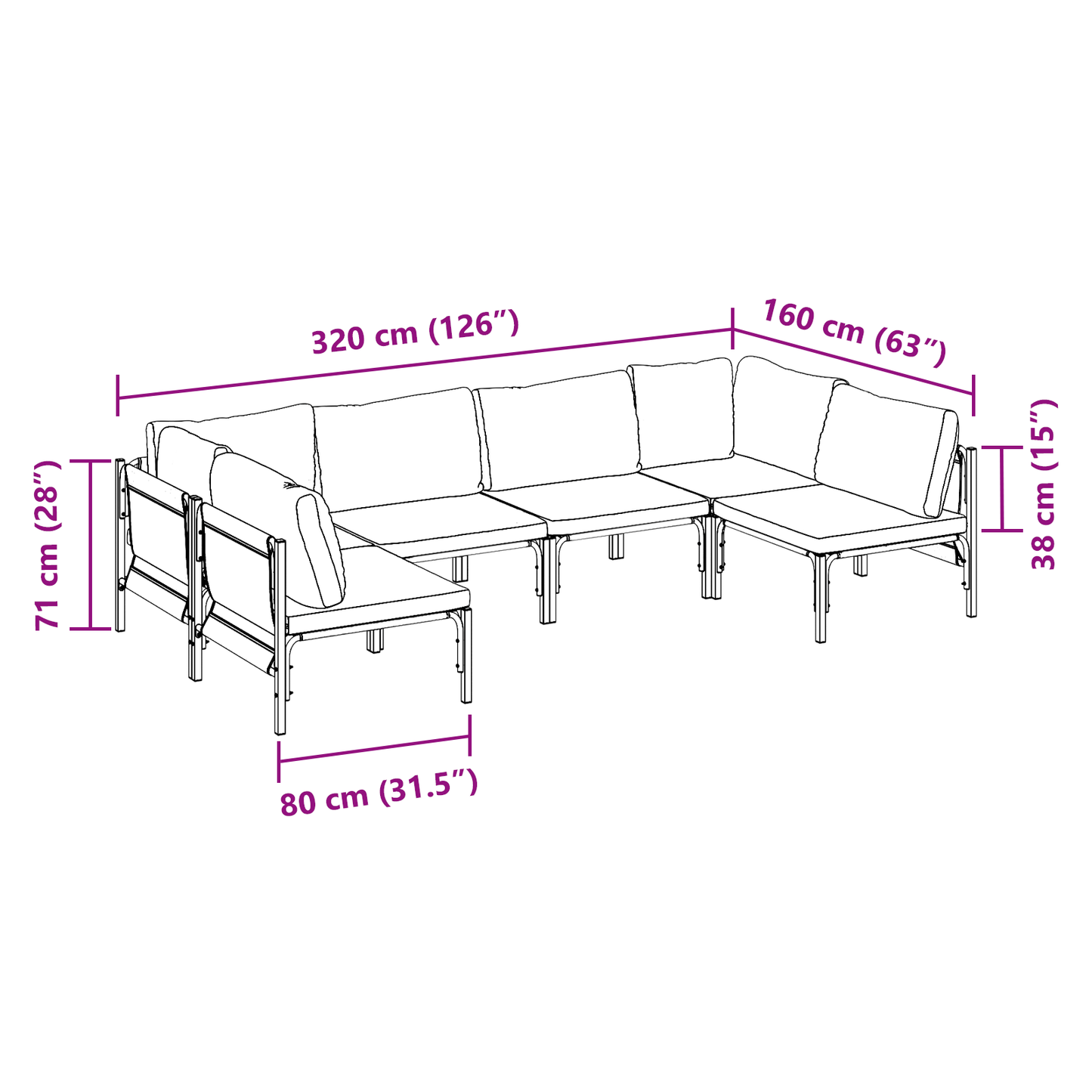 Hagesofa Set med pute 6 pcs Svart Stål