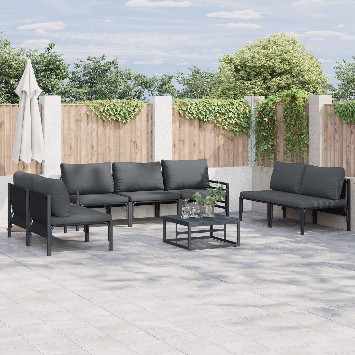 Hagesofa Set med pute 7 pcs Svart Stål