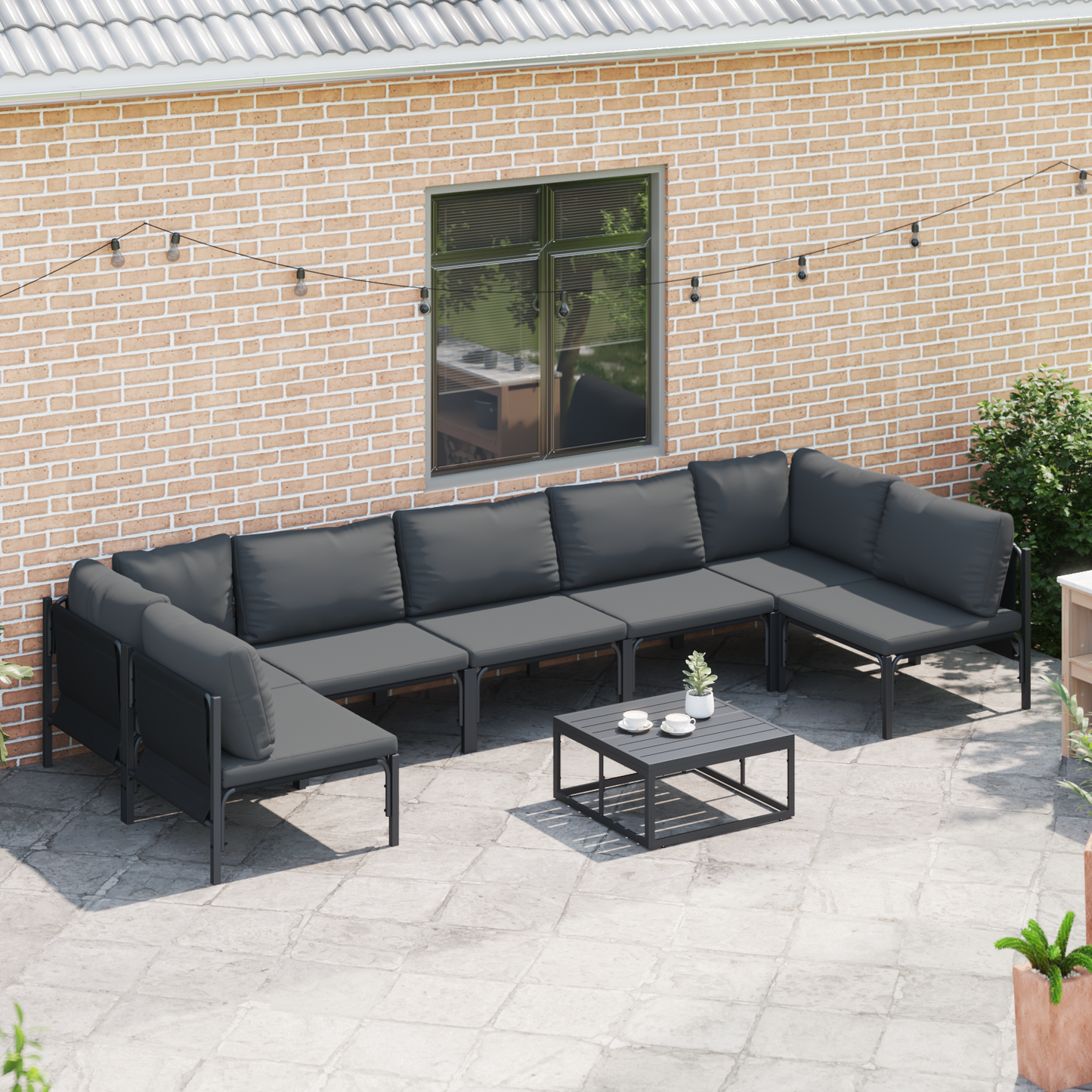 Hagesofa Set med pute 8 pcs Svart Stål
