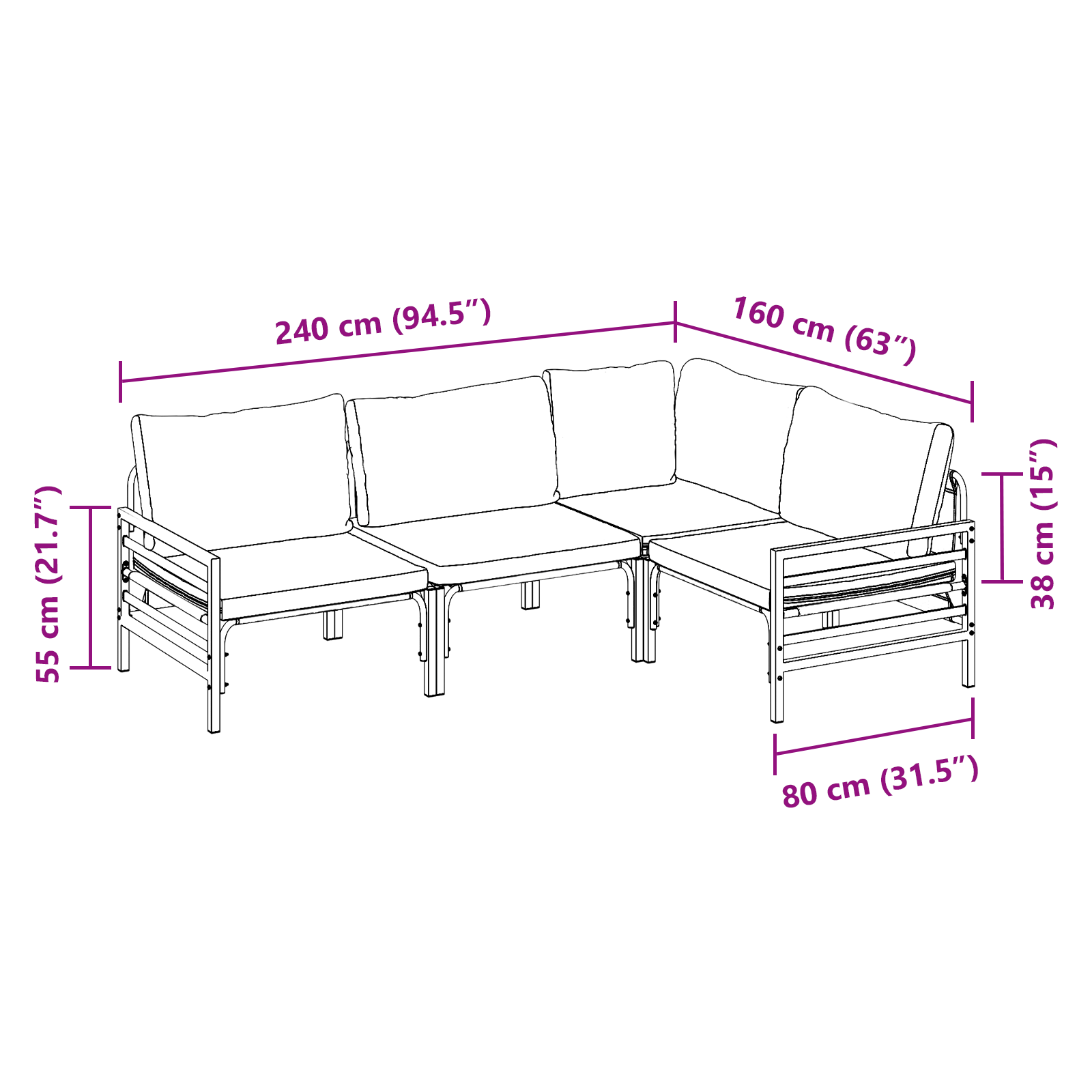 Hagesofa Set med pute 4 pcs Antrasitt Stål