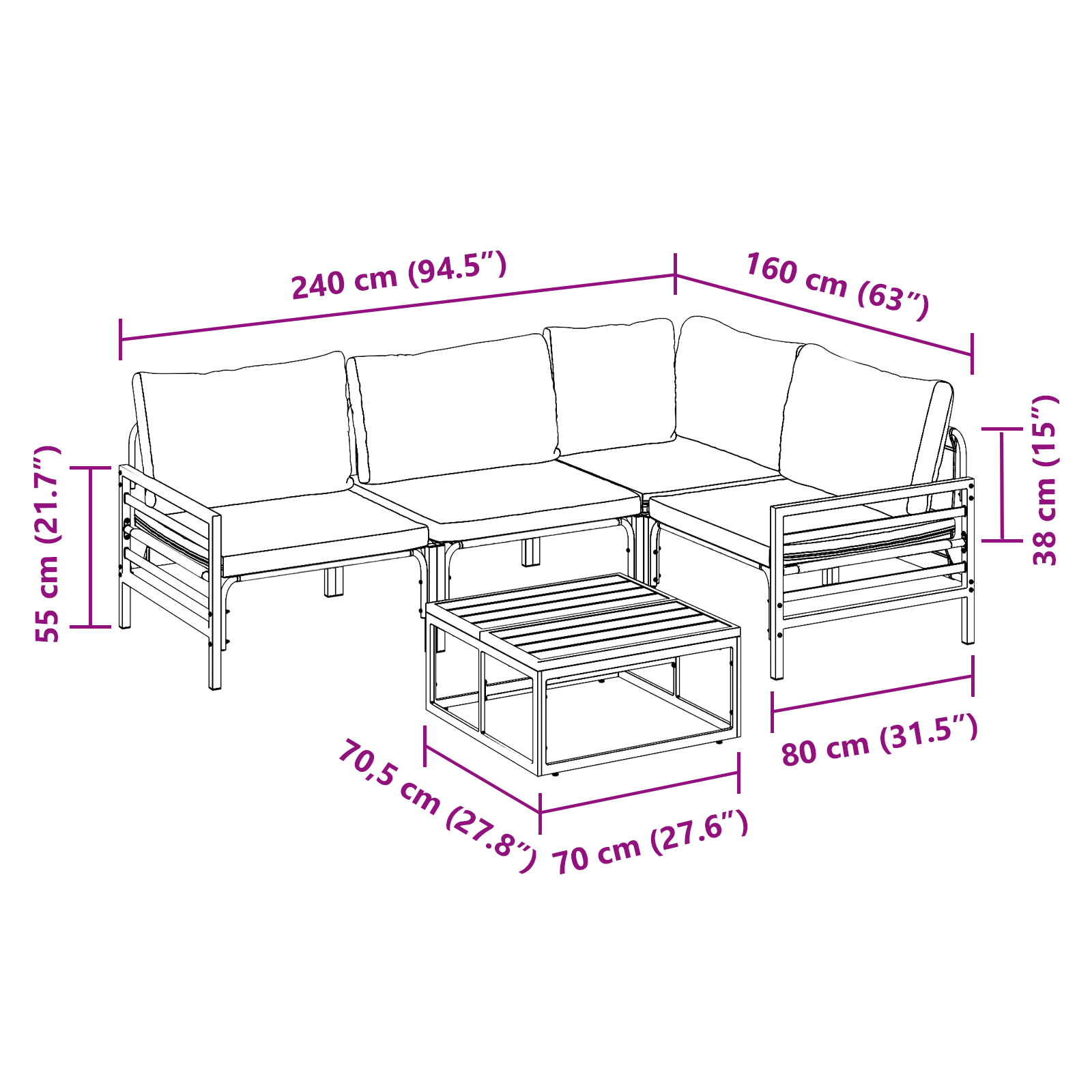 Hagesofa Set med pute 6 pcs Antrasitt Stål