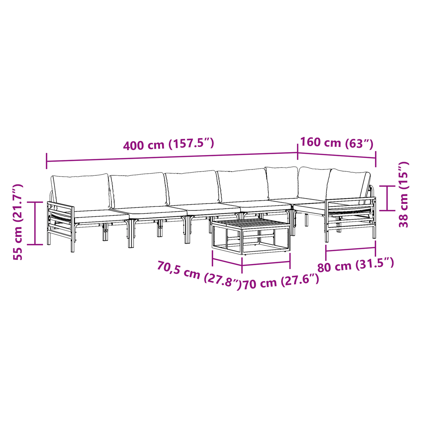 Hagesofa Set med pute 7 pcs Svart Stål