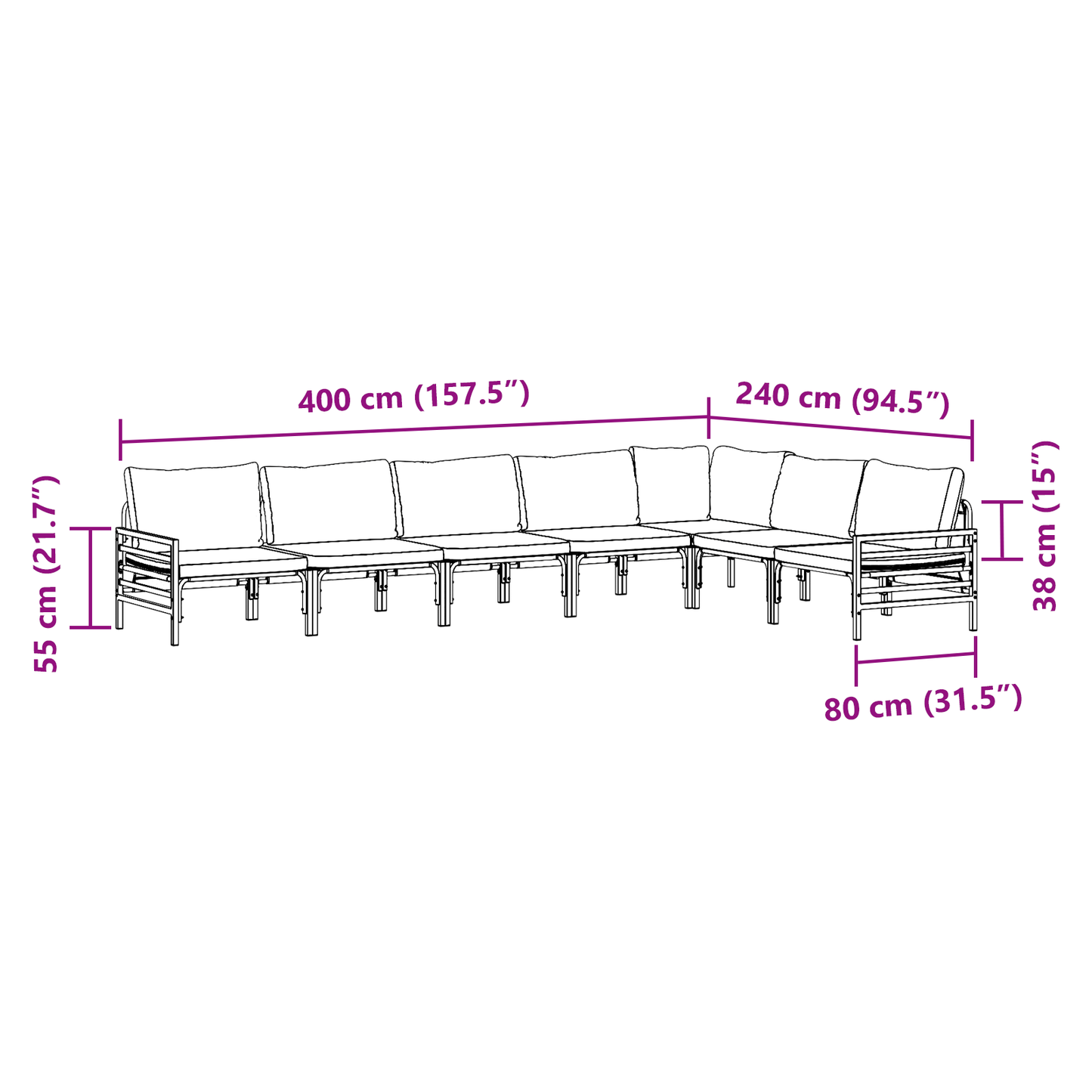 Hagesofa Set med pute 7 pcs Svart Stål
