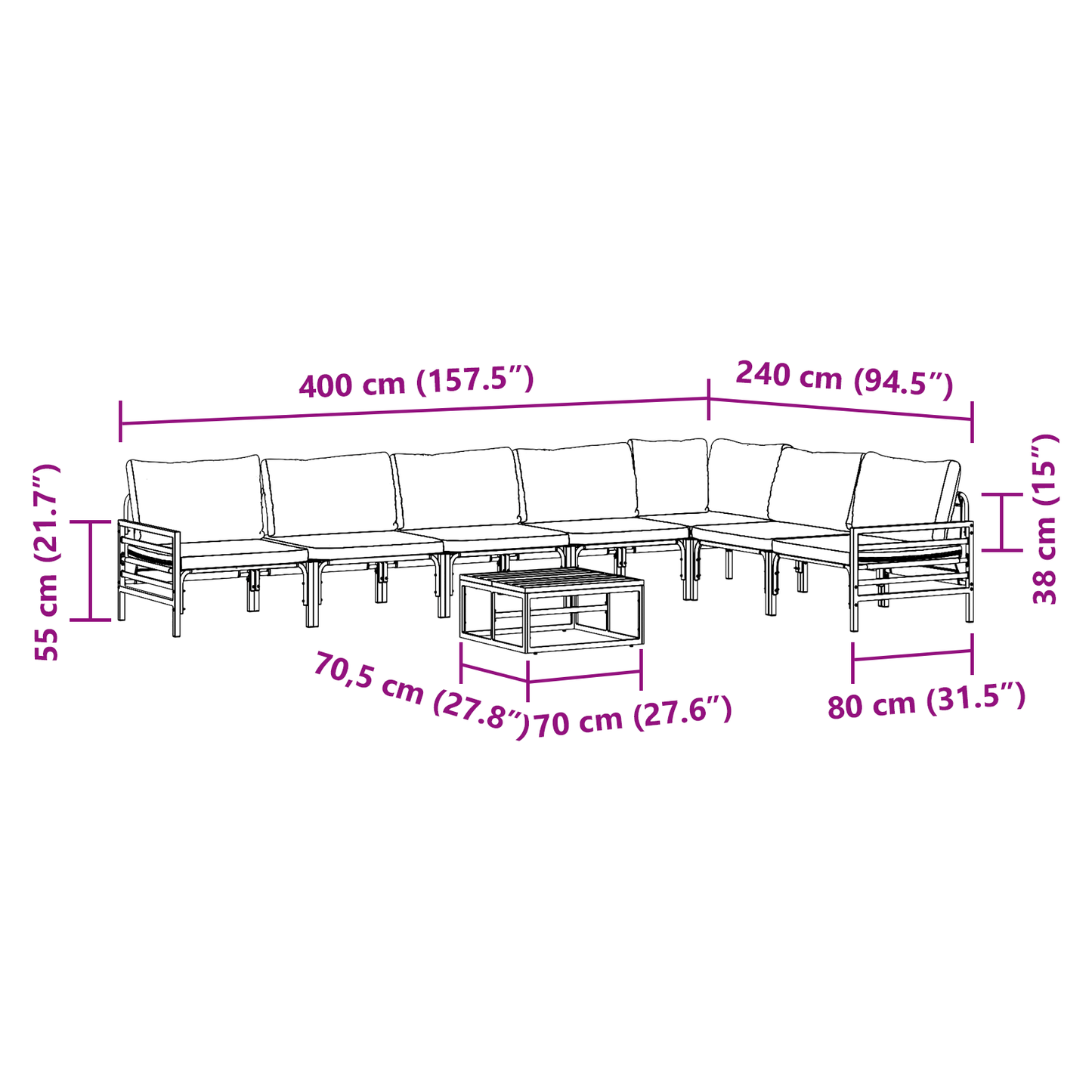 Hagesofa Set med pute 8 pcs Svart Stål