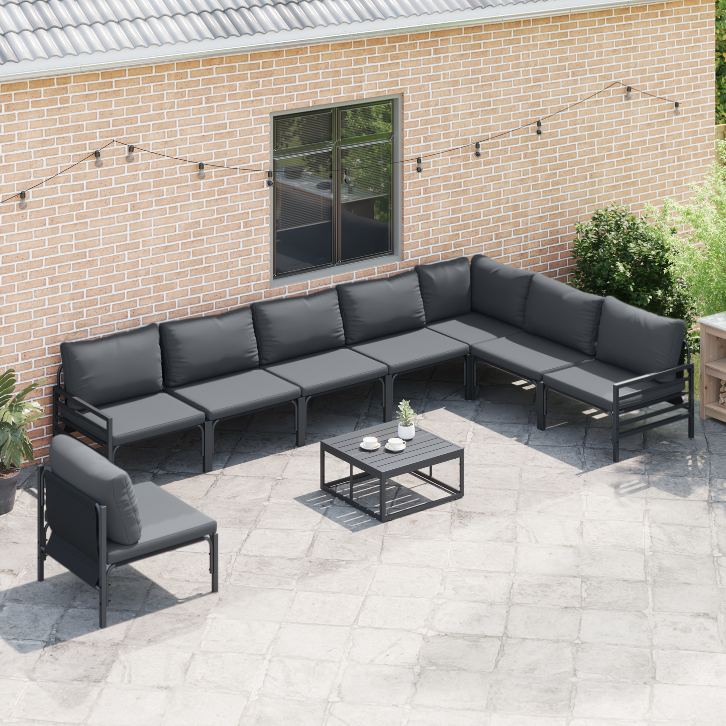 Hagesofa Set med pute 8 pcs Svart Stål
