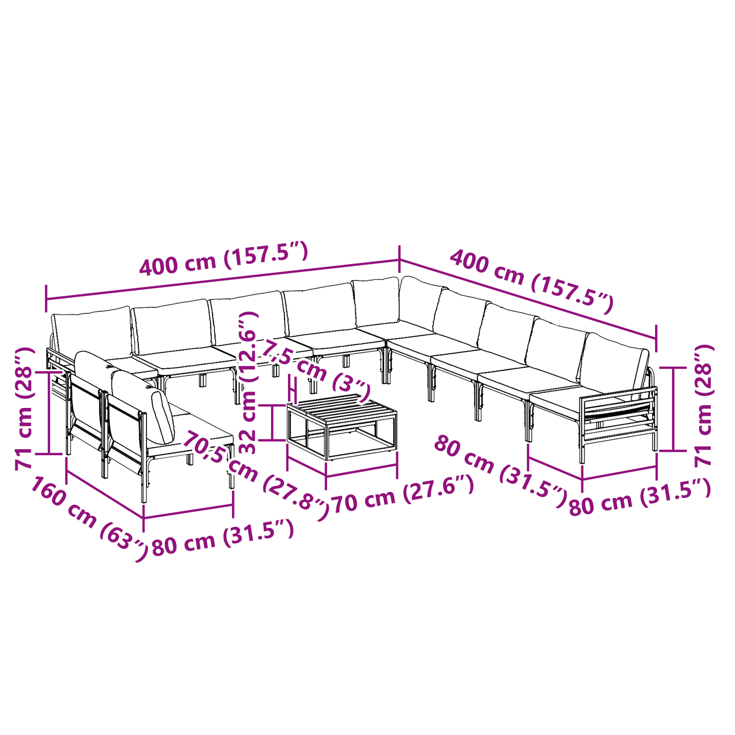 Hagesofa Set med pute 12 pcs Svart Stål