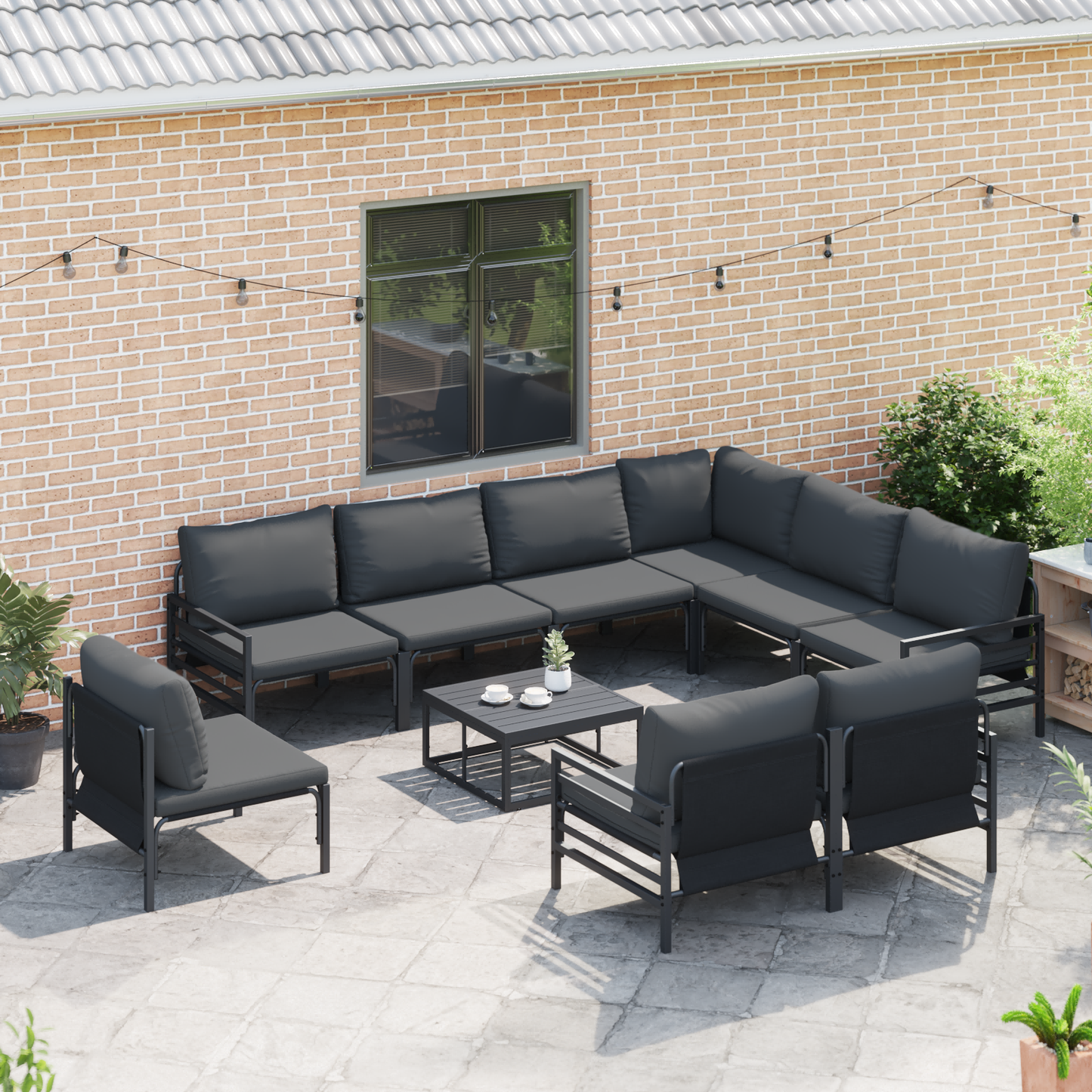 Hagesofa Set med pute 9 pcs Svart Stål
