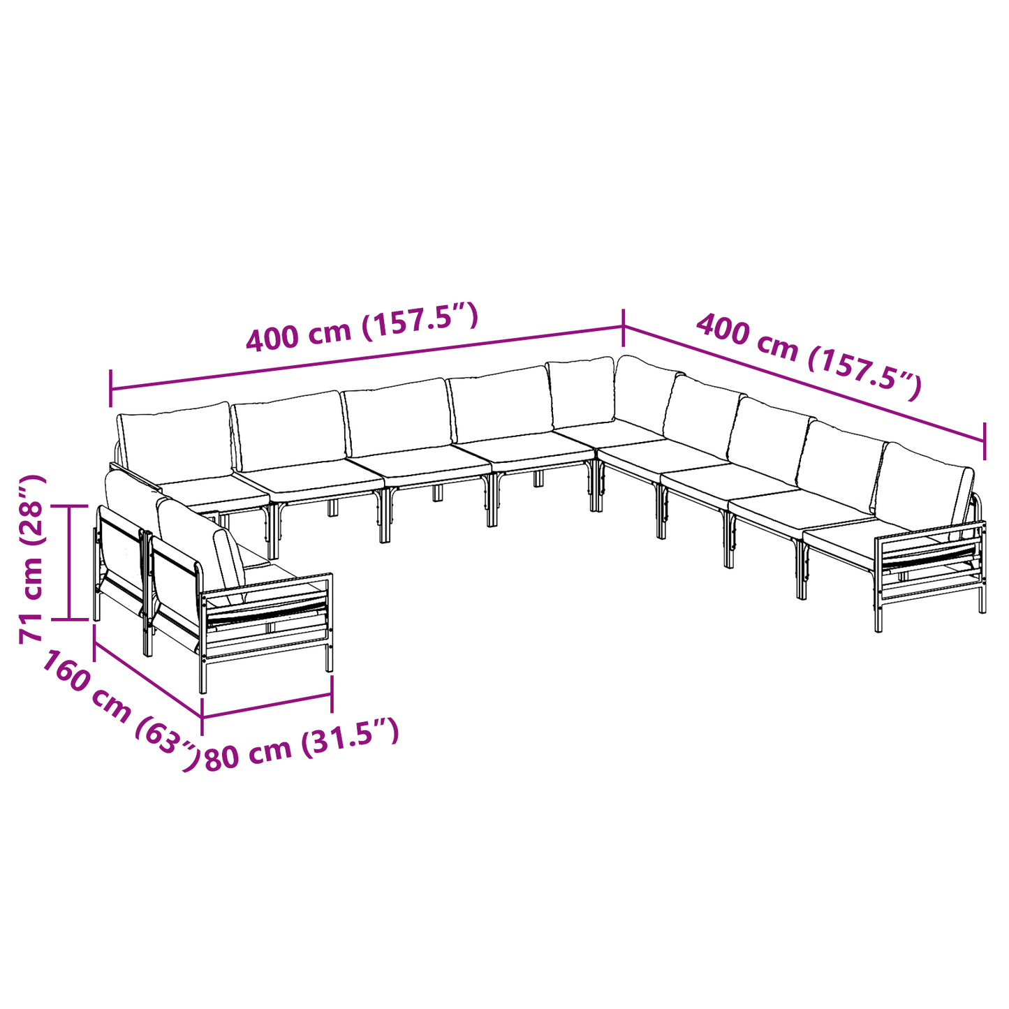 Hagesofa Set med pute 11 pcs Svart Stål