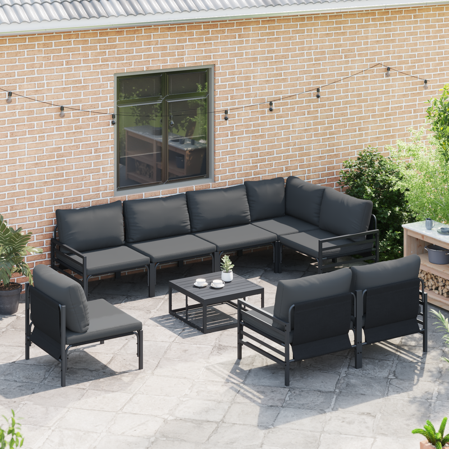 Hagesofa Set med pute 8 pcs Svart Stål