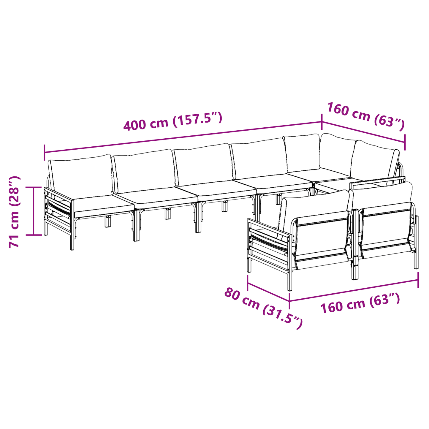 Hagesofa Set med pute 8 pcs Svart Stål