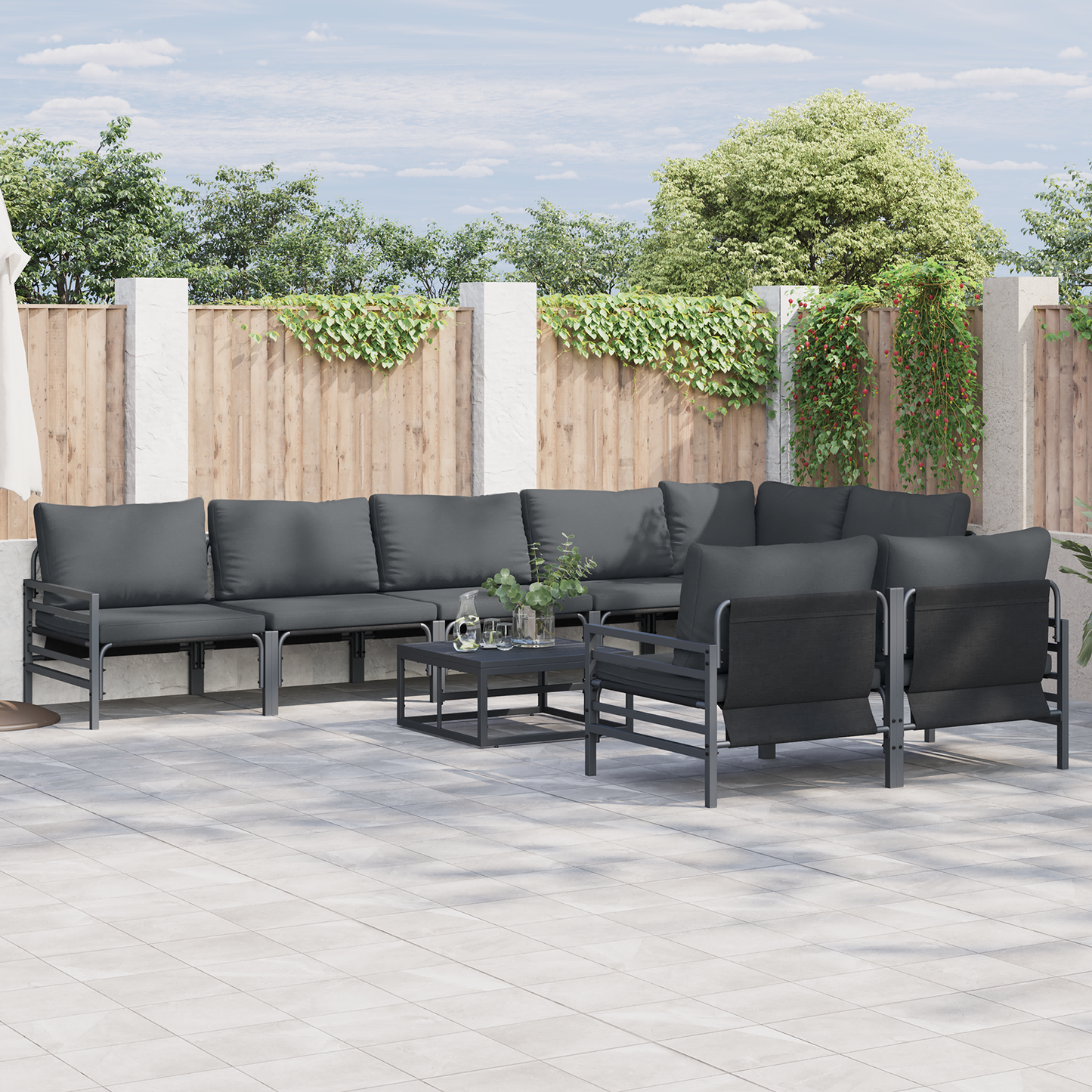Hagesofa Set med pute 9 pcs Svart Stål
